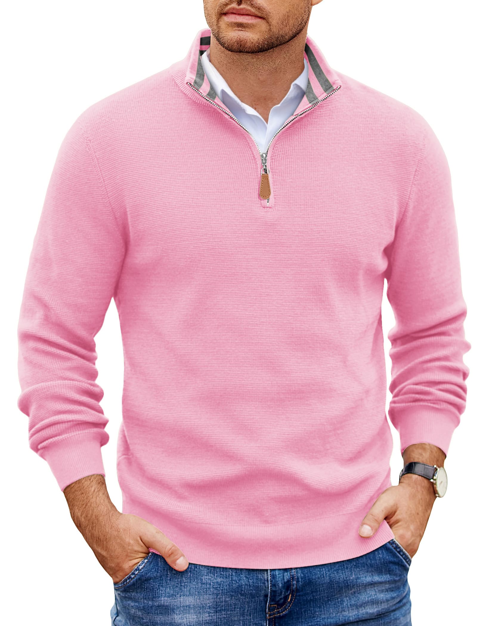 COOFANDY Mens Quarter Zip Pullover Sweater Casual Mock Neck Knit Polo
