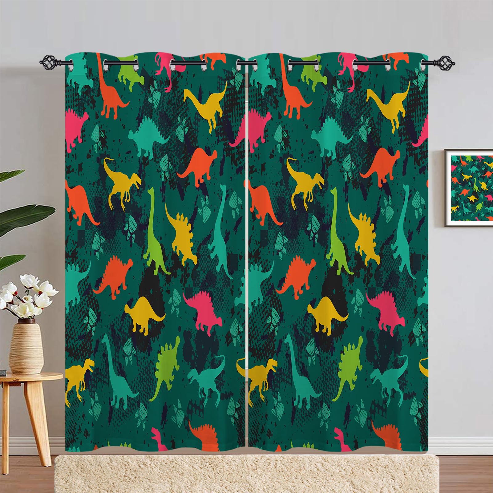 ANHOPE Dinosaur Curtains Eyelet Thermal Insulated Blackout Curtains Cute Cartoon Animal Dino Print Pattern Ring Top Window Drapes for Kids Boys Girls Bedroom Living Room 55 x 90 Inch Drop 2 Panels