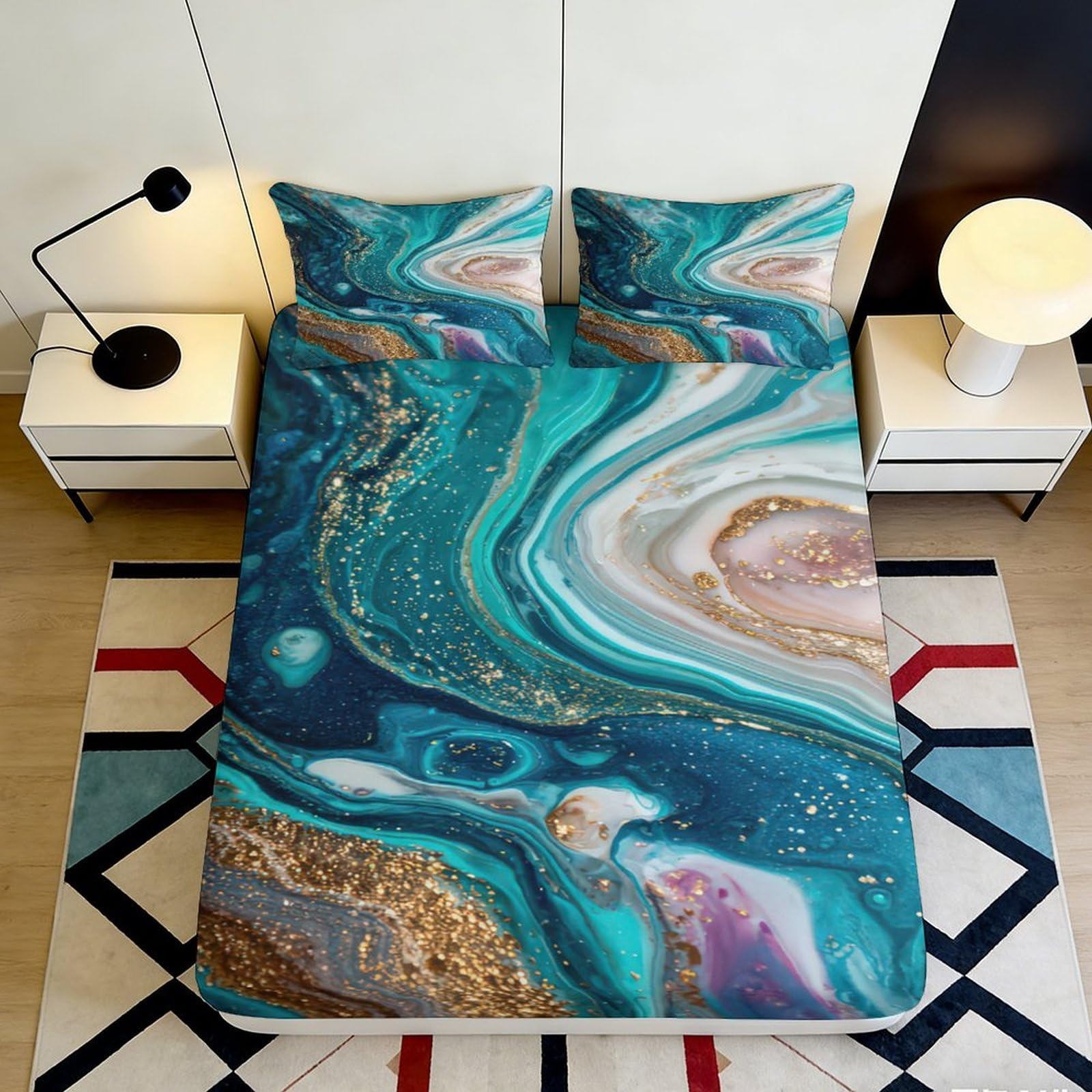 3D Printed Ocean Marble Fitted Sheet Microfiber Soft Anti-Slip Aurora Swirl Mattress Cover for Bedroom Dorm Decor 90x200x25cm