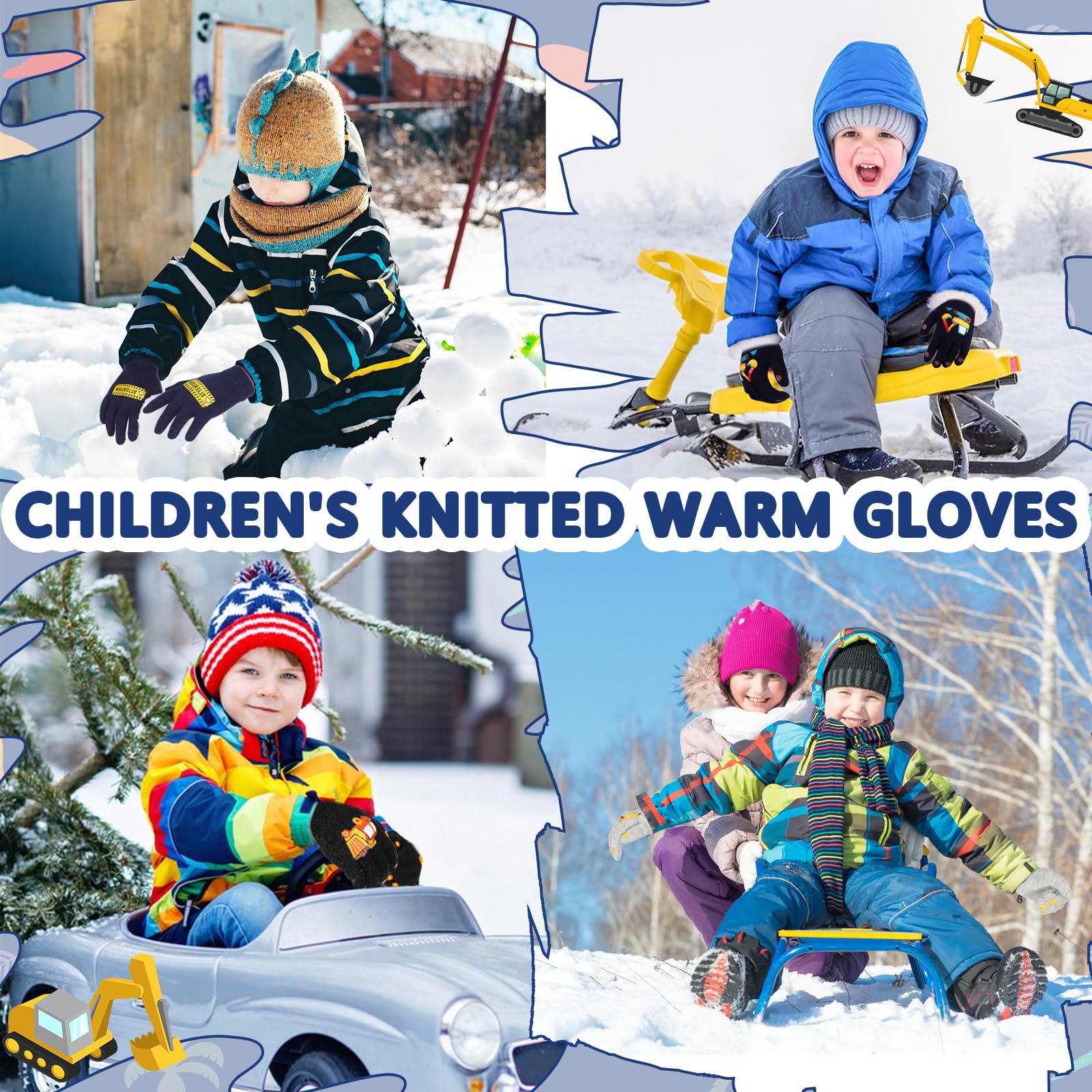 Gants magiques pour enfants Lot de 6 paires motif excavatrice 4-12 ans