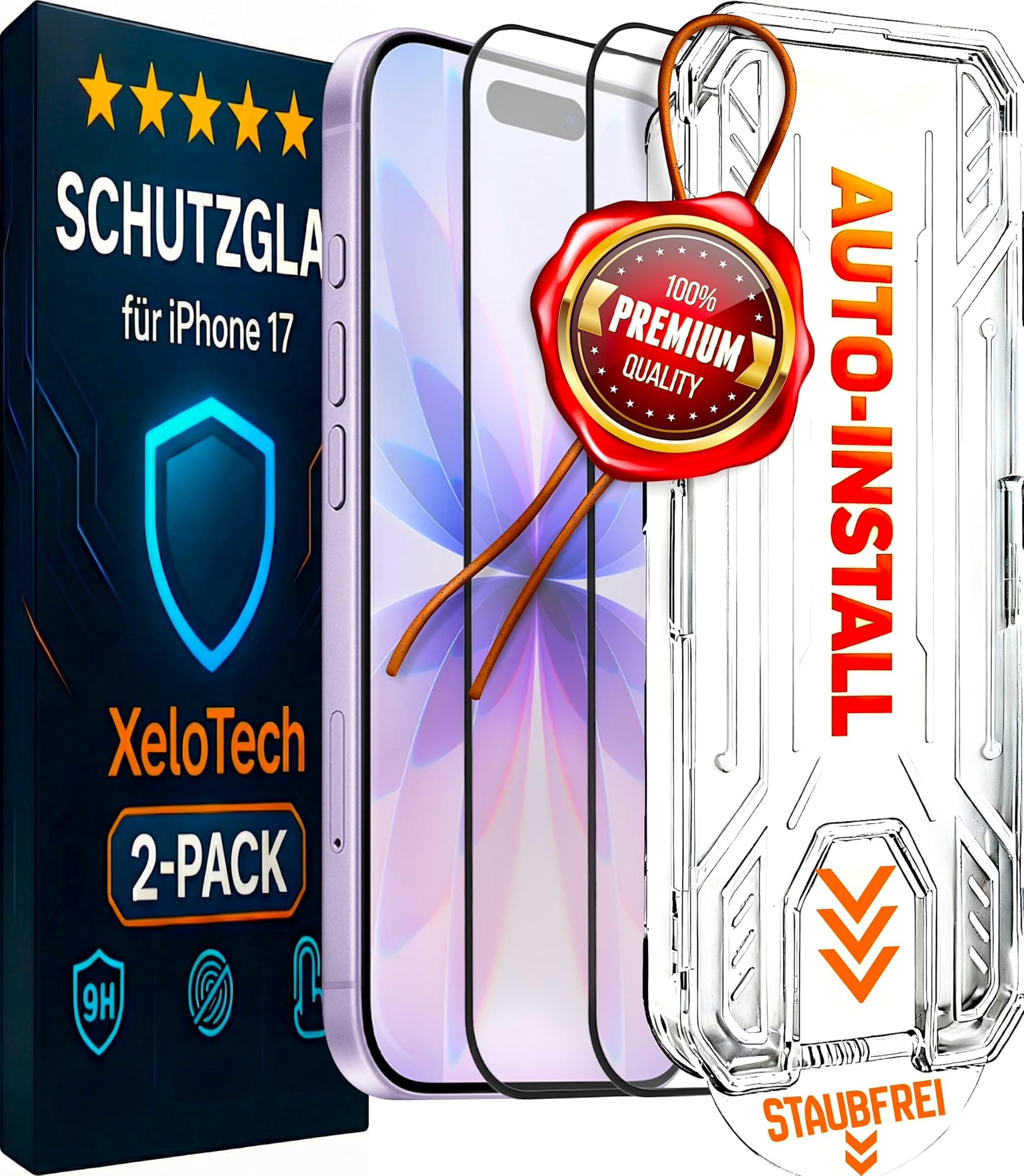 XeloTech Schutzglas für iPhone 17 aus Panzerglas, Extrem Kratzfest (9H+), garantiert Blasenfreie Antistaub-Auto-Installation, Anti-Fingerabdruck, 2 Gläser