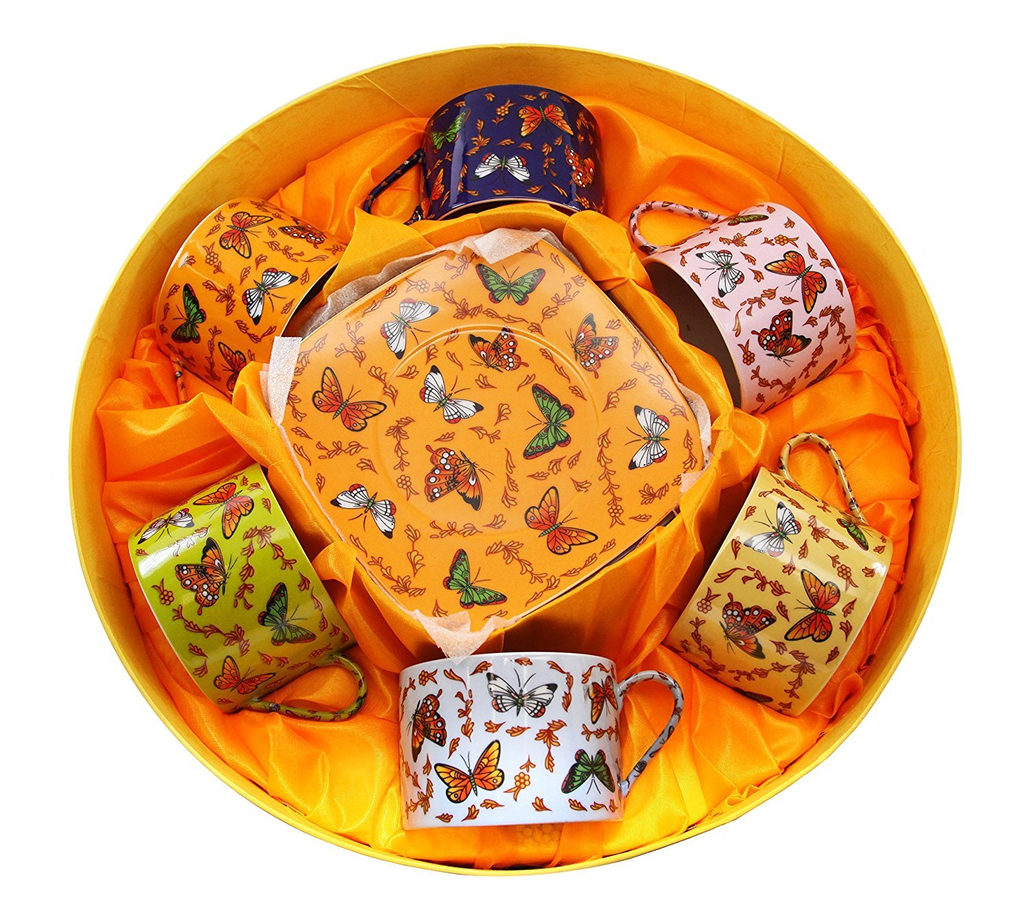 Classic Coffee and Tea Butterfly Decor Cups and Saucers Set