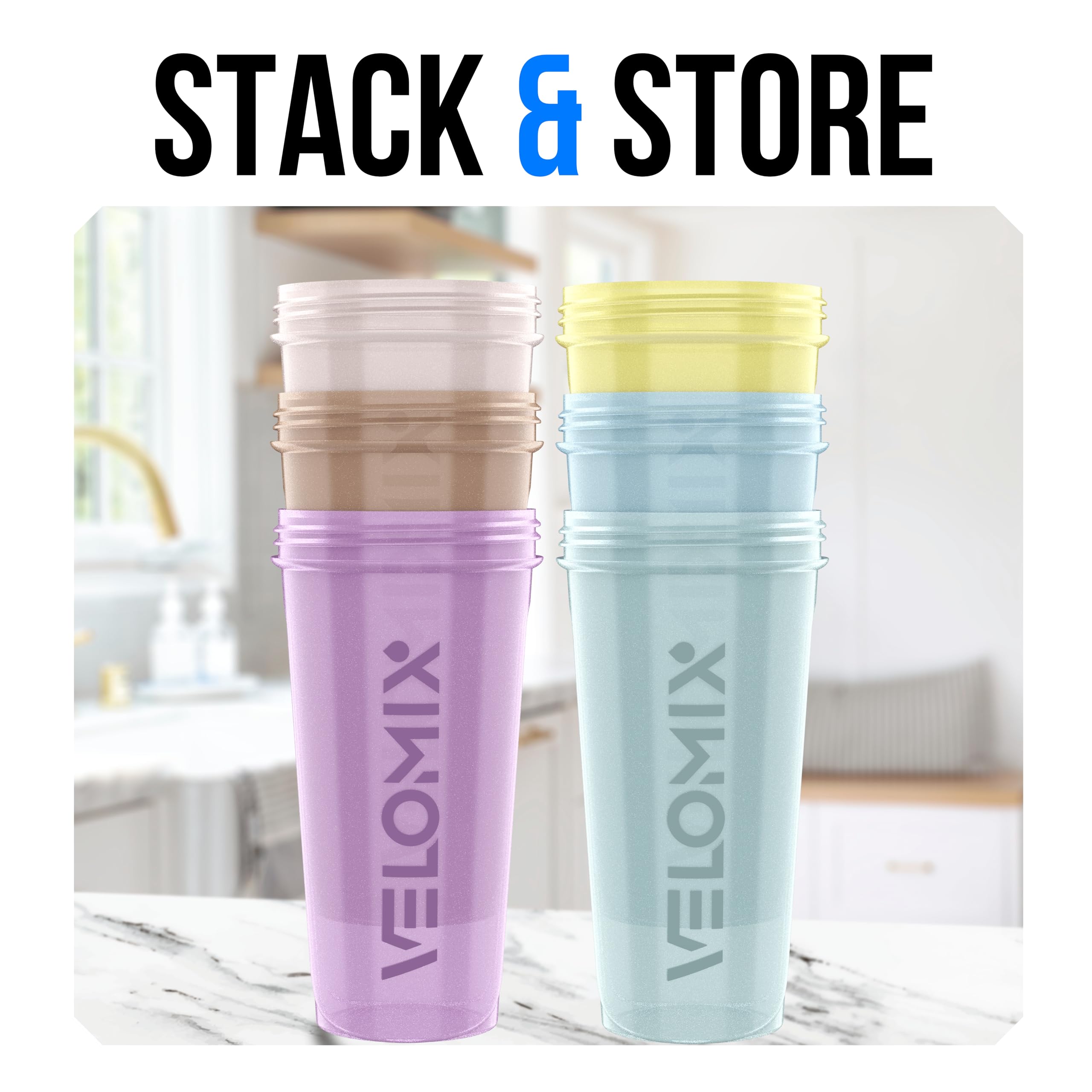 VELOMIX Paquete de 6 botellas mezcladoras de proteínas de 28 onzas para mezclas, 6 bolas de batidor de alambre, vasos a prueba de fugas para suplementos, gimnasio y fitness sin BPA (serie Pastel Power