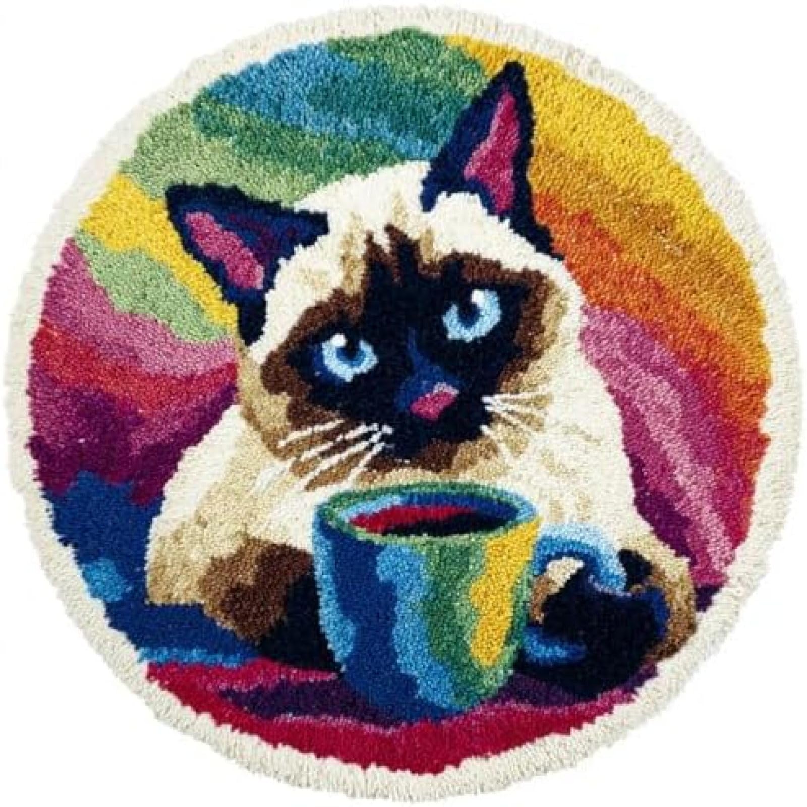 XDEGHUANGSS Latch Hook Rug Kit Siamese Cat Drink Coffee Round Rug 52x52cm