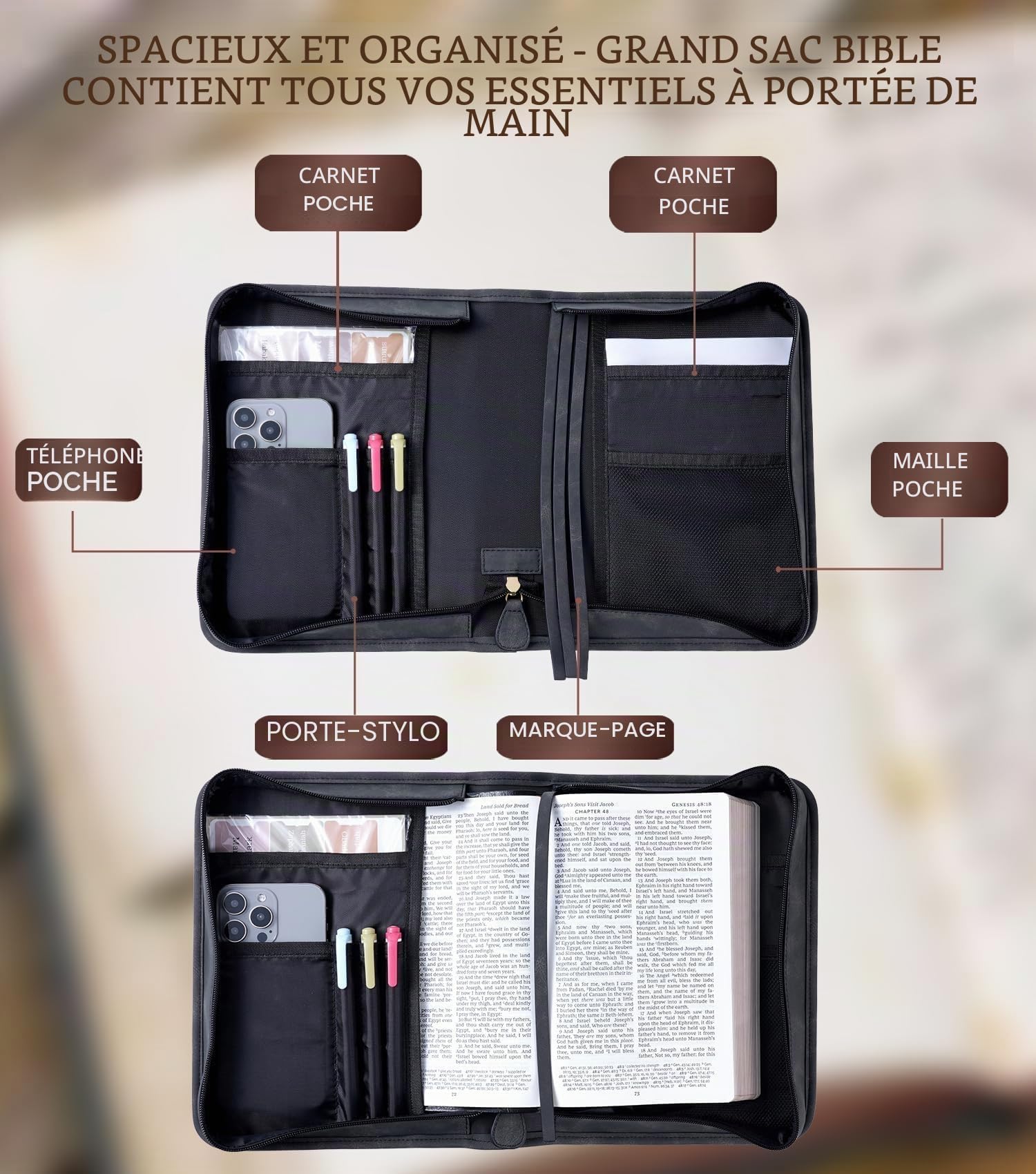 Étui bible en cuir végétalien, sac bible avec poche pour téléphone, étui bible pour homme et femme, emballage cadeau chrétien