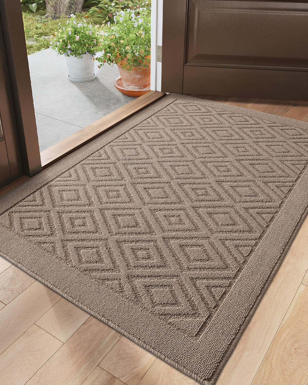 dexi front door mat for entryway, 32x48 washable entry rugs with non slip backing, low profile absorbent welcome floor doormat for inside home, entrance, beige 2'8" x 4' (rectangular) geometric beige
