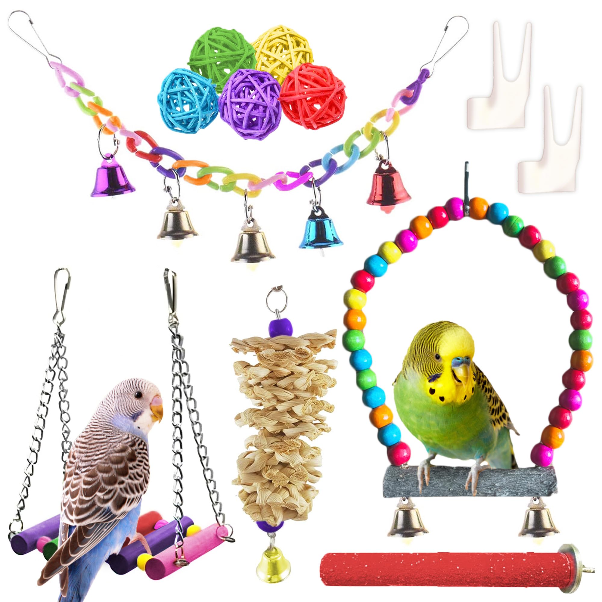 SunGrowParrot Swing and Perch Bundle, Keep Birds from Hatching Plans for World Domination with Joyful Colorful Items for Love Birds, Conures, Cockatiels, Finches, Parakeets, 12 Pieces