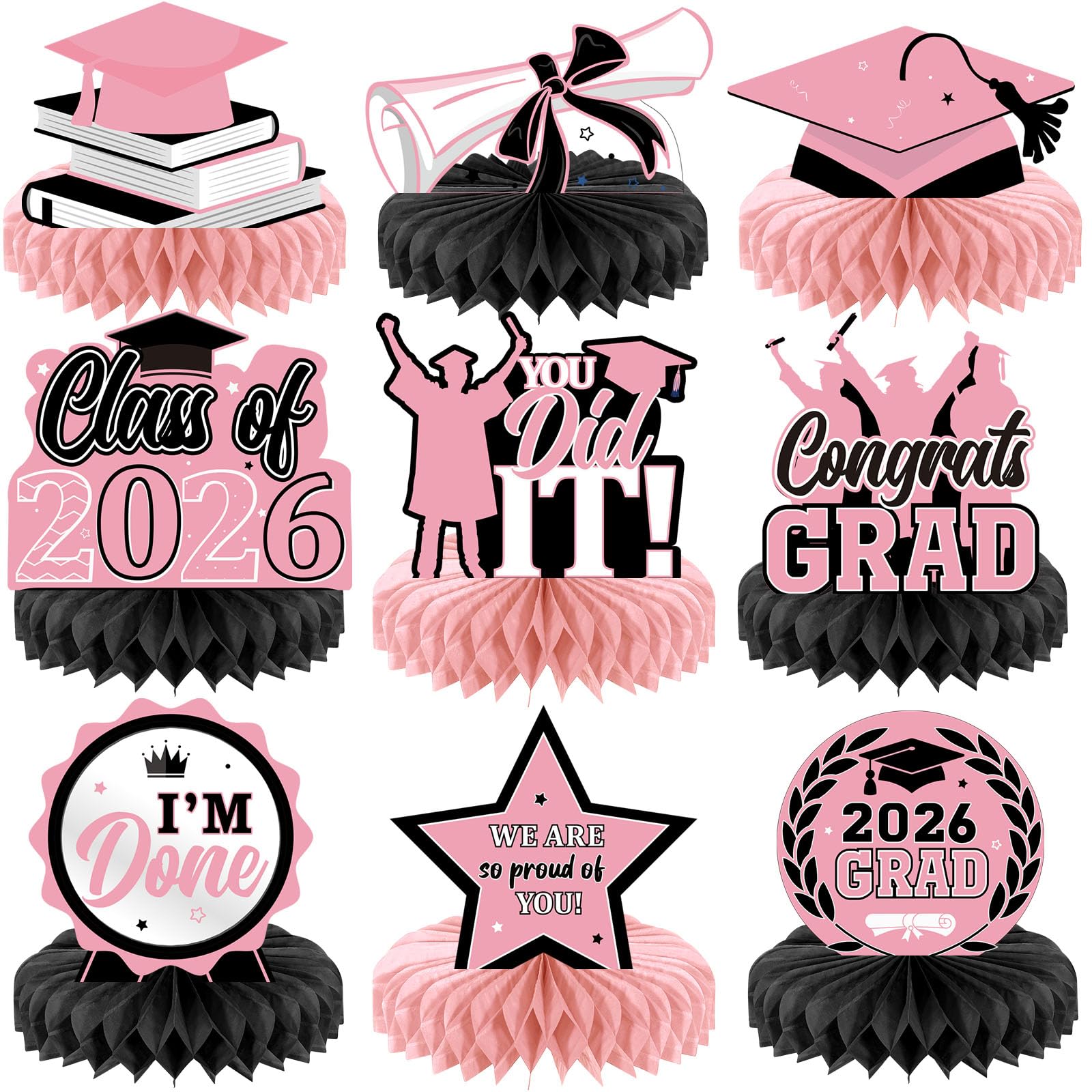 Yisong 9 Pieces 2026 Graduation Party Table Decorations Class of 2026 Congrats Graduation Centerpieces for Tables Congratulate Honeycomb Centerpiece