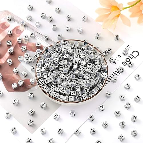 Miniatura 5 de ToBeIT 1000 cuentas de cubo de color negro del alfabeto, plateadas, metálicas, cuentas de letras cuadradas retro plateadas, cuentas del alfabeto
