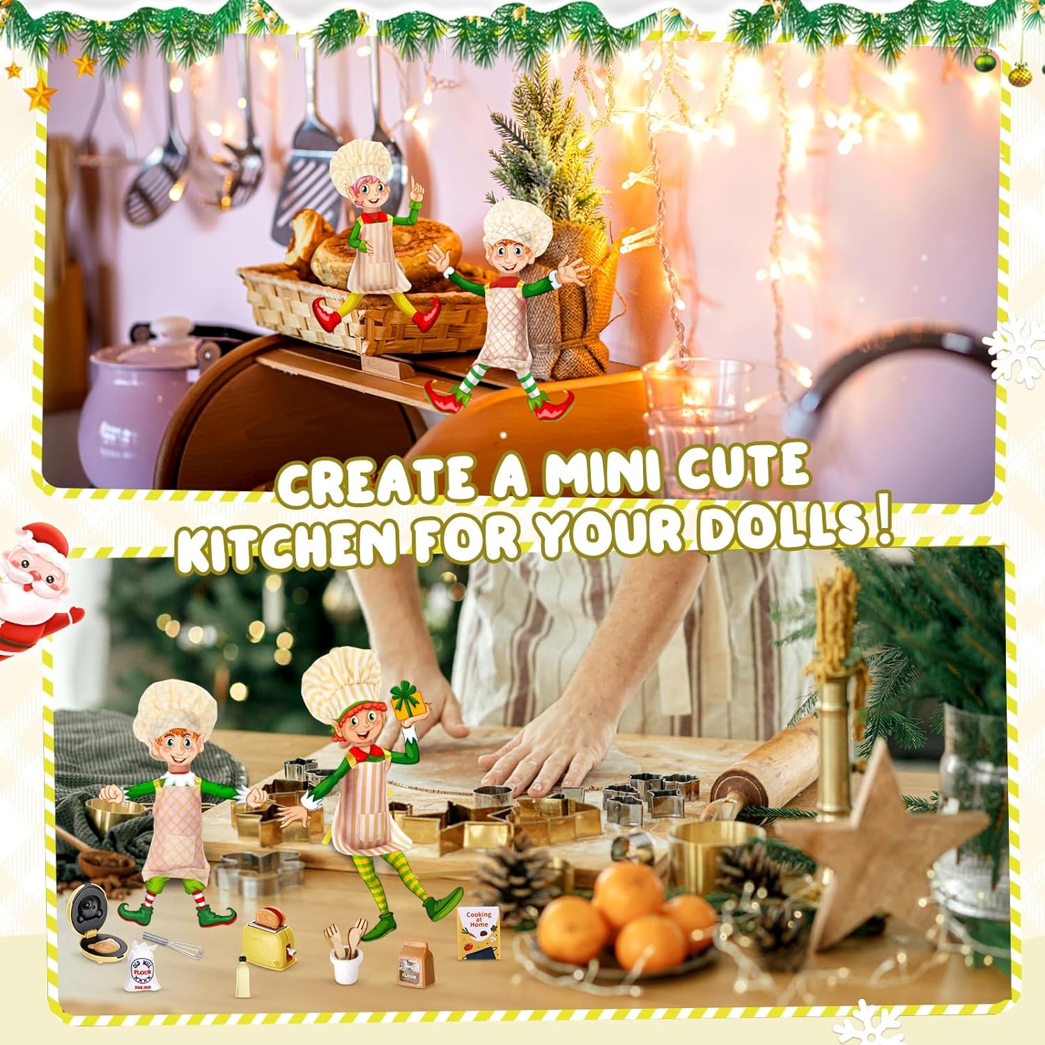 20 Pcs Christmas Elf Outfits for Kids Xmas Kitchen Cooking Clothes Accessories Include Mini Baking Props Set Baker Tools Outfit for Boys, Girls, Dollhouse, Xmas Clothes and Gift(Yellow)