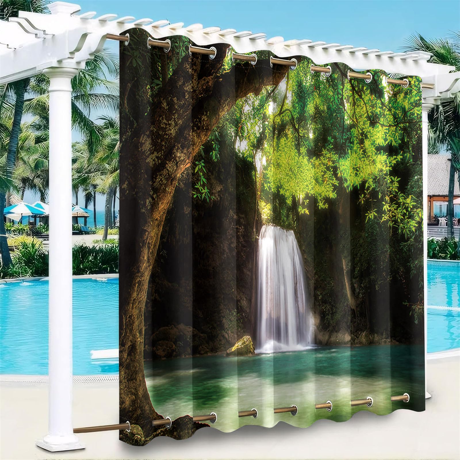 Hiseng Outdoor Vorhänge Wetterfest mit Ösen Oben und Unten, 3D Wasserfall Muster wasserdichte Outdoorvorhänge 1 Stück Verdunkelungsvorhang Sichtschutz Vorhang (Wasserfall 1,200x200cm)