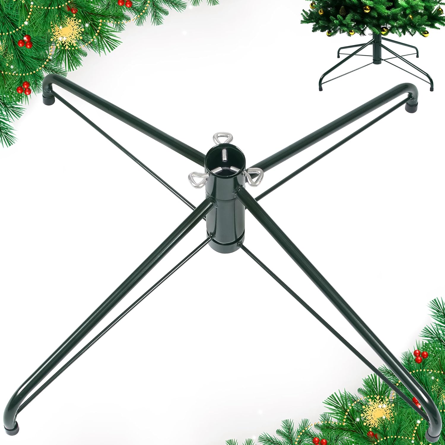JSungo 24-Inch Christmas Tree Stand, Folding Artificial Tree Stand Replacement, Metal Tree Base for 3-7.5 FT Trees, Fits Trunk Diameters up to 1.37 Inches, Green 24INCH Darkgreen