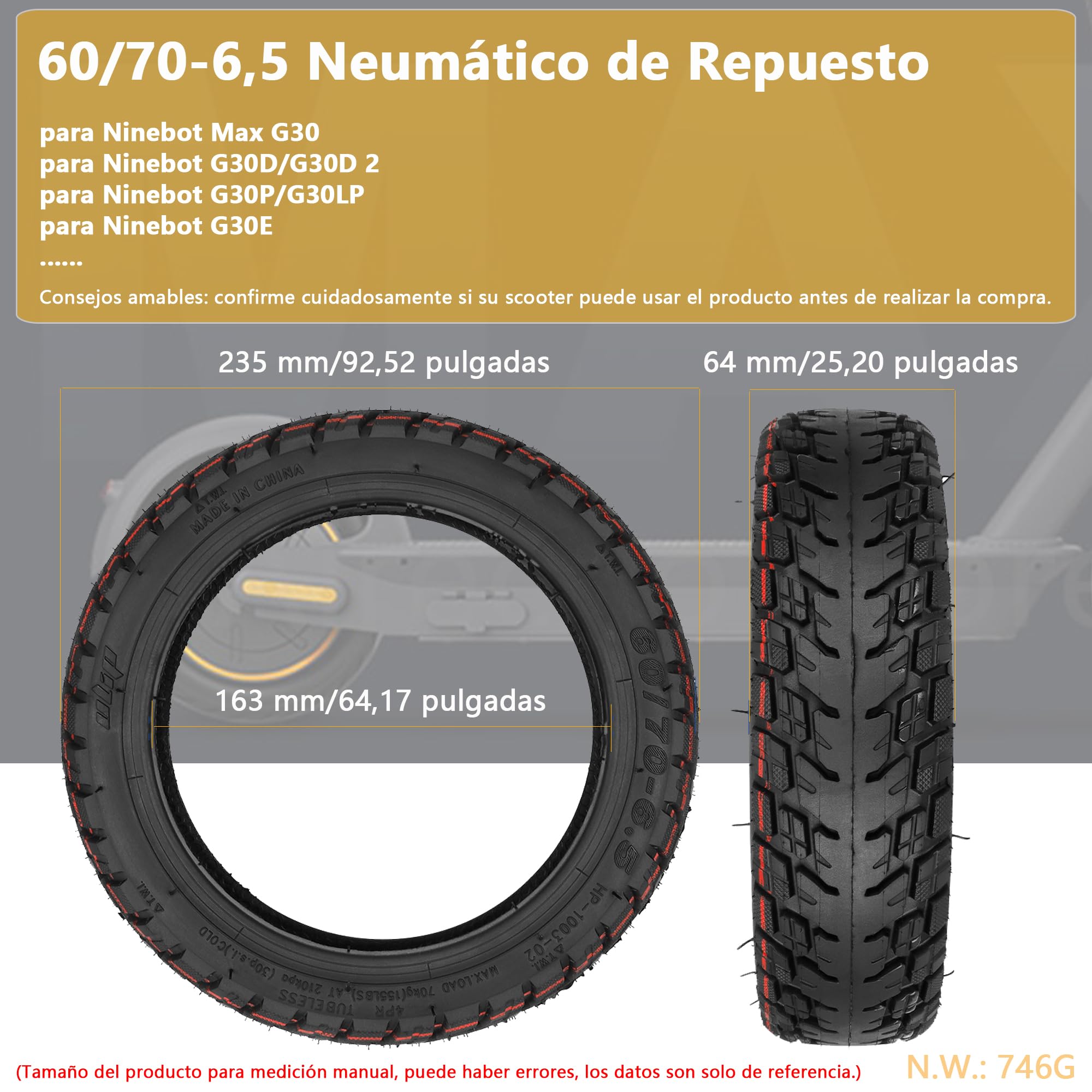 Neumáticos sin cámara 60/70-6,5 para Xiaomi 5/5 Pro/5 Max, para Ninebot MAX G30D 2/F2 Pro D/E3 Pro D Scooter eléctrico, neumáticos de vacío, resistentes al desgaste, ruedas de repuesto