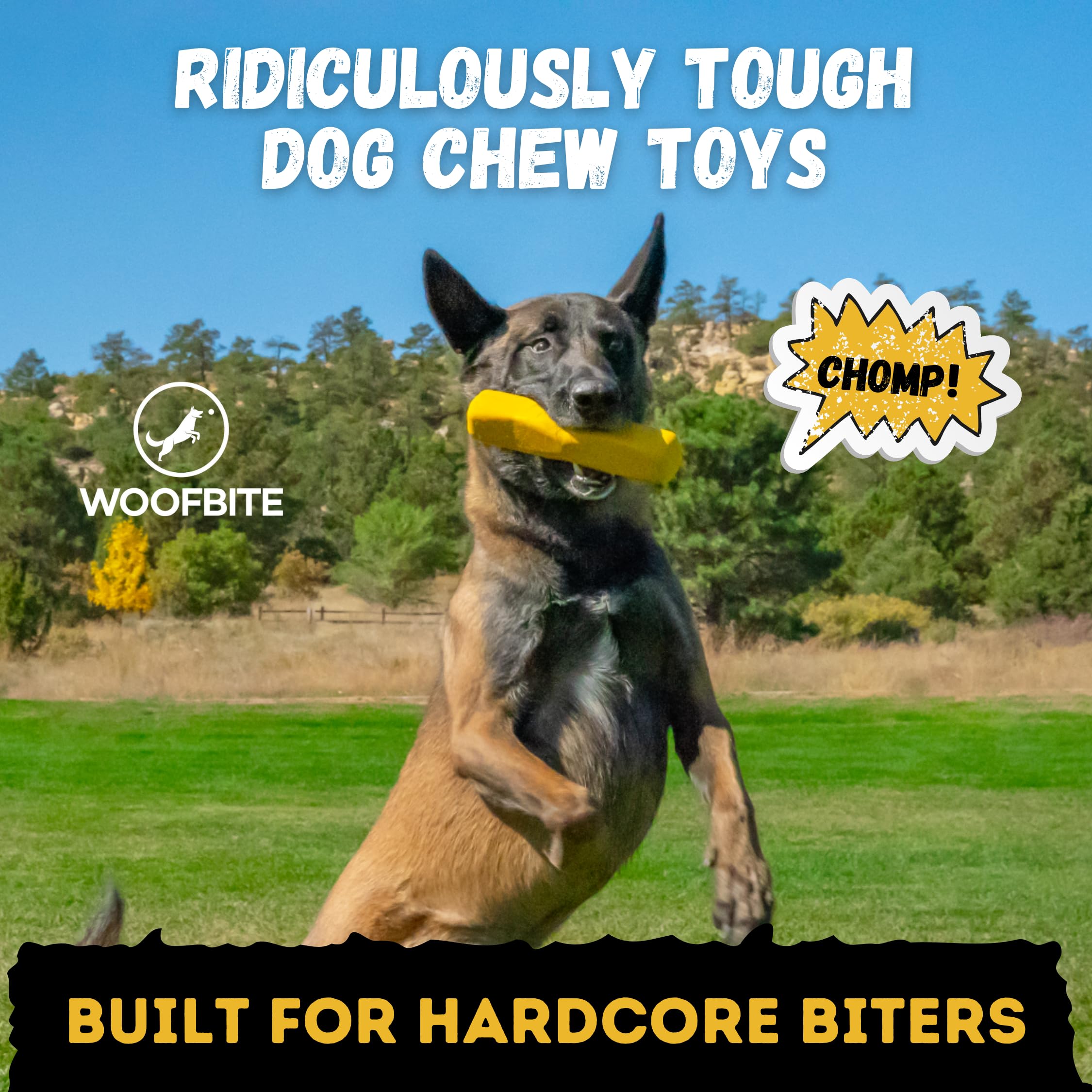 WoofBite Indestructible Chew Stick - Lifetime Replacement - Aggressive Chewers, Medium Large Breed - Non-Toxic Natural Rubber Dog Toys - Yellow (Highly Visible Color for Dogs) - Tug & Fetch - 8x1.75