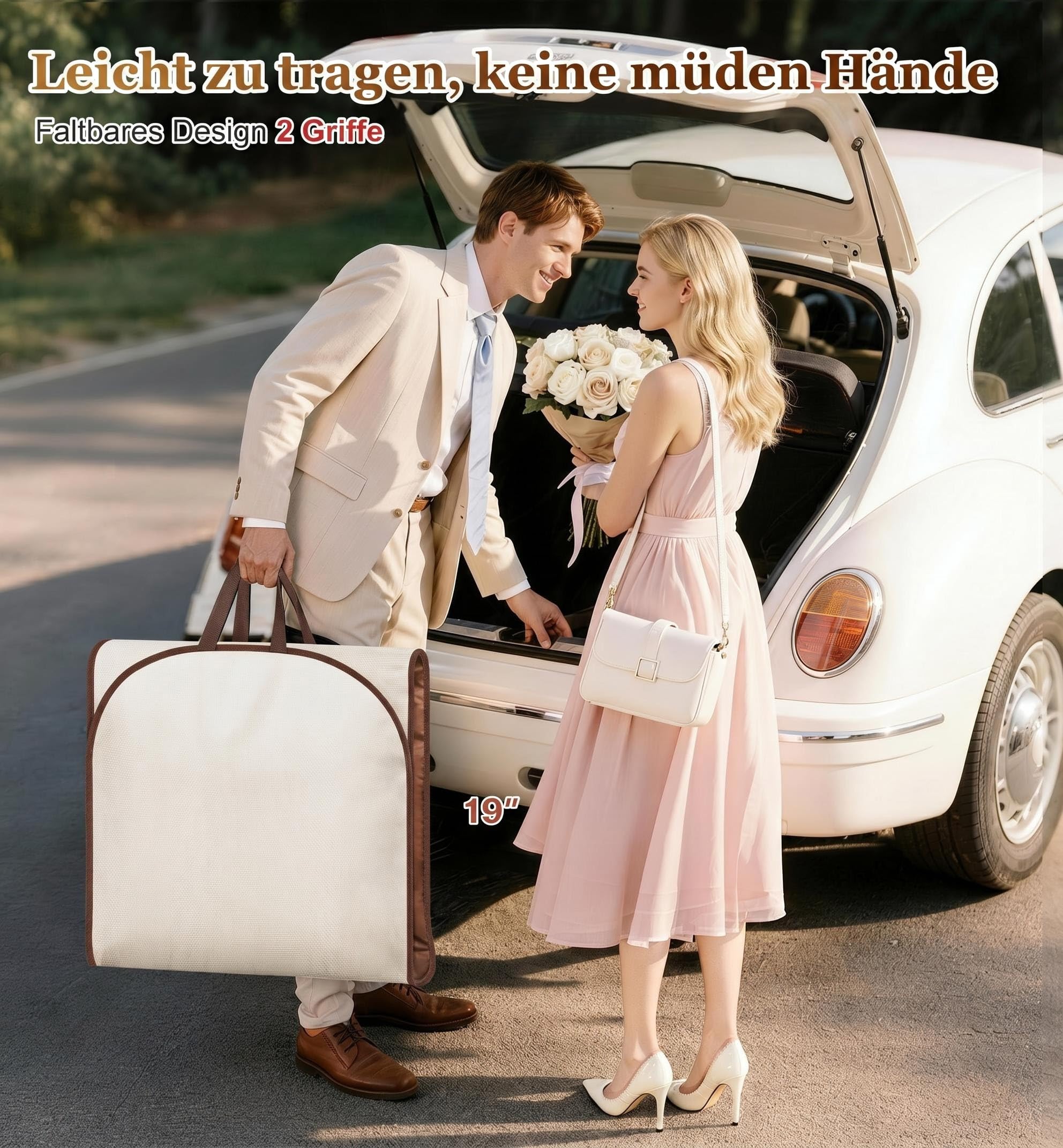 MISSLO Kleidersack Lang 152CM, Anzugtasche Kleidersack für Reisen mit 4 Großen Taschen und Griffen, Schwere Kleiderhülle Damen Kleiderschutzhülle für Abendkleider, Mantel, Kleider, Kleidung, Beige