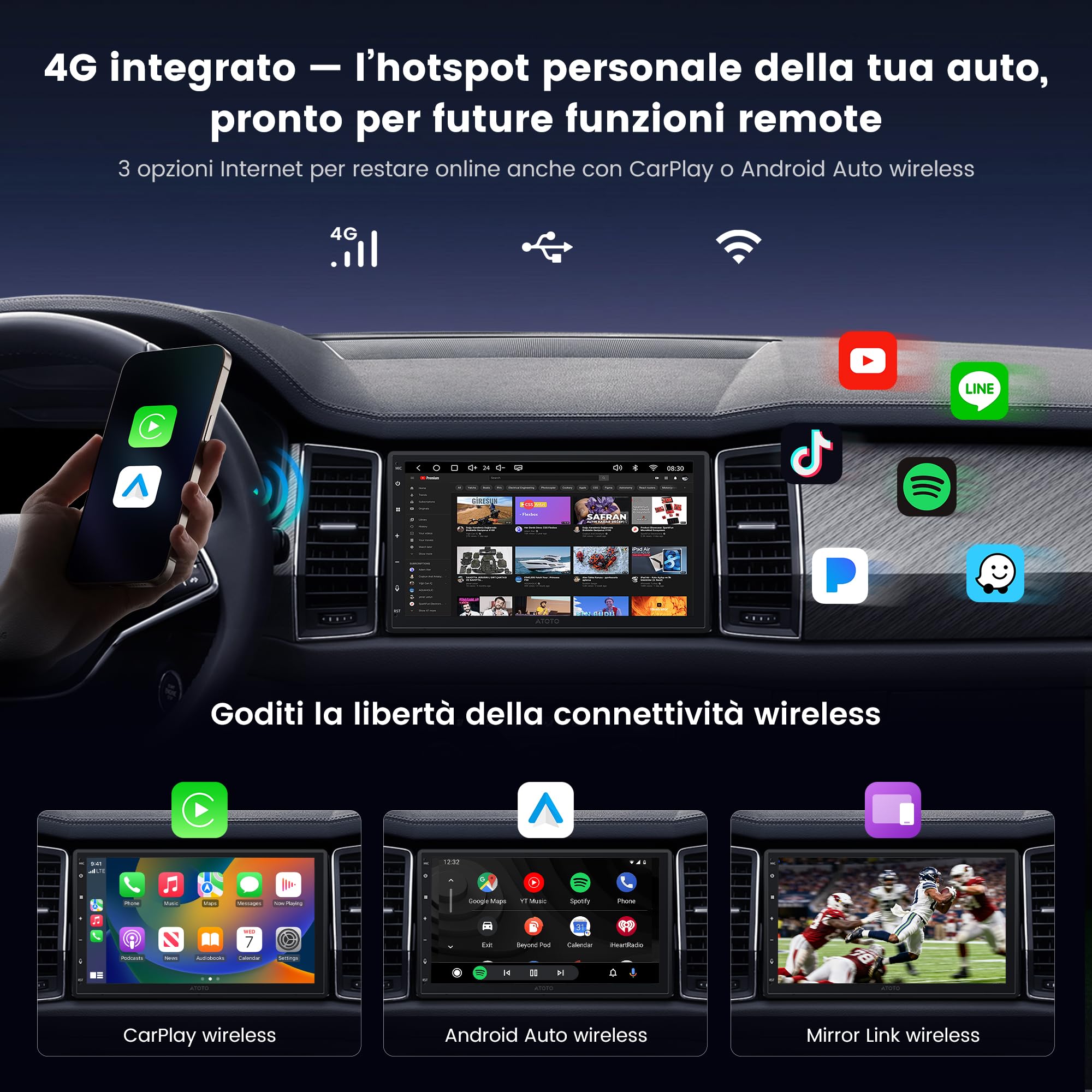 ATOTOZONE Autoradio 2 Din Android, 7" QLED Schermo Touch 4G+64G Sistemi multimediali, Wireless CarPlay e Android Auto, 4G LTE, WiFi/BT/USB, Hi‑Fi DSP w/ 4V Pre‑Outs, Chat IA & Tracciamento GPS,FM/RDS