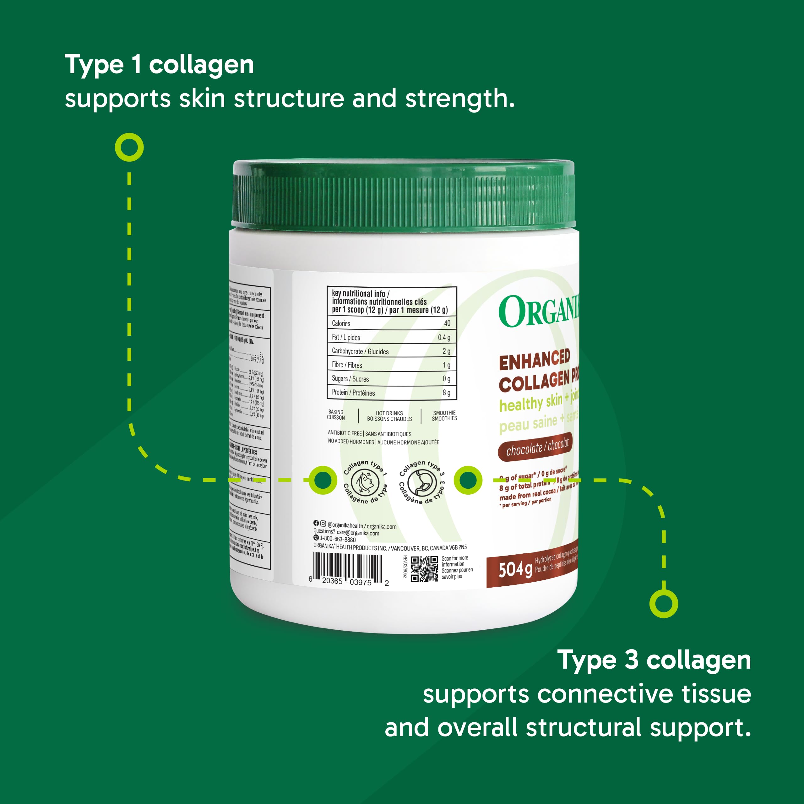 Organika Canadian-Made Chocolate Enhanced Collagen Powder (Type 1 & 3) 504g
