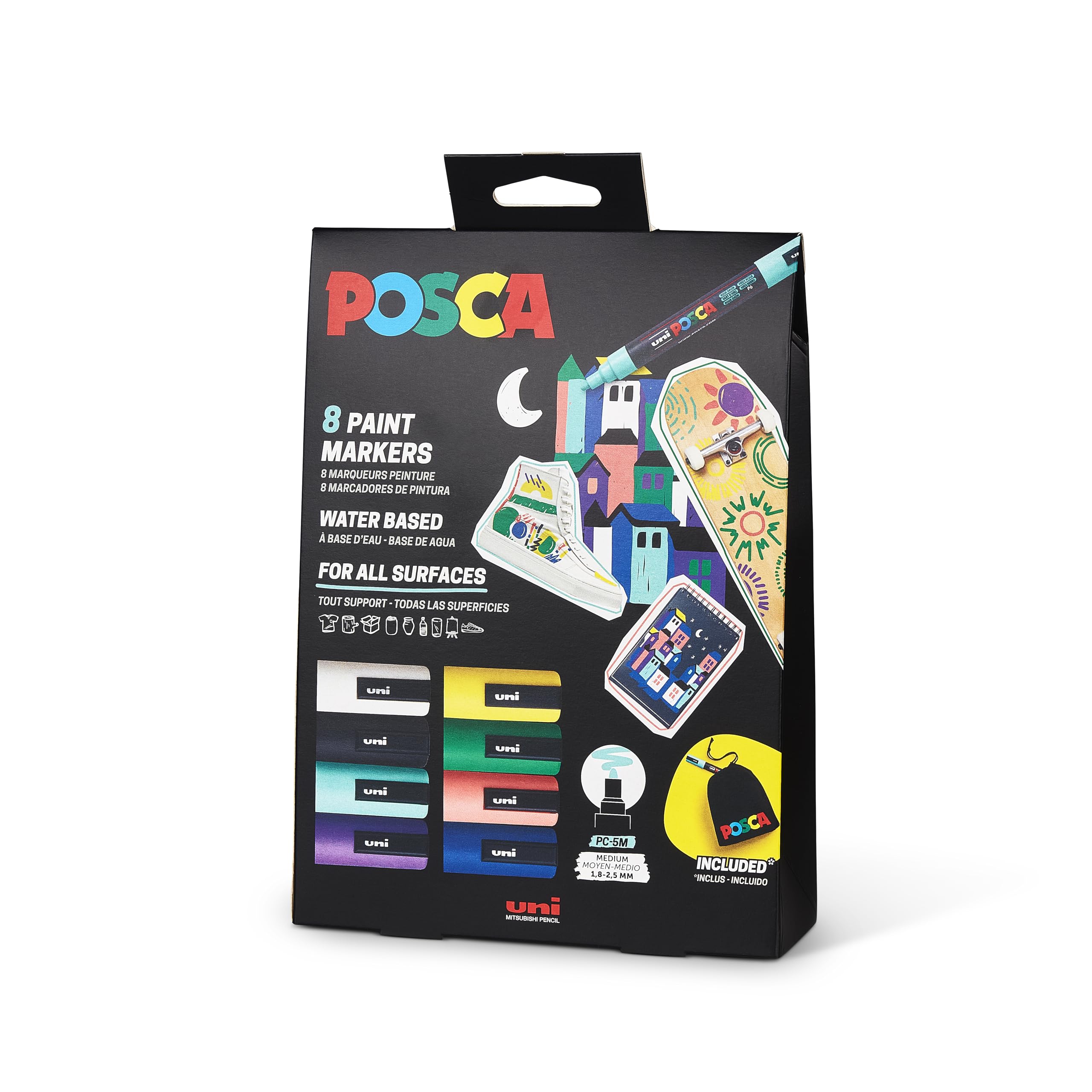 POSCA 182598 - Set de rotuladores POSCA con bolsa de tela, 8 rotuladores acrílicos PC-5M, rotuladores permanentes con punta redonda de 1,8-2,5 mm