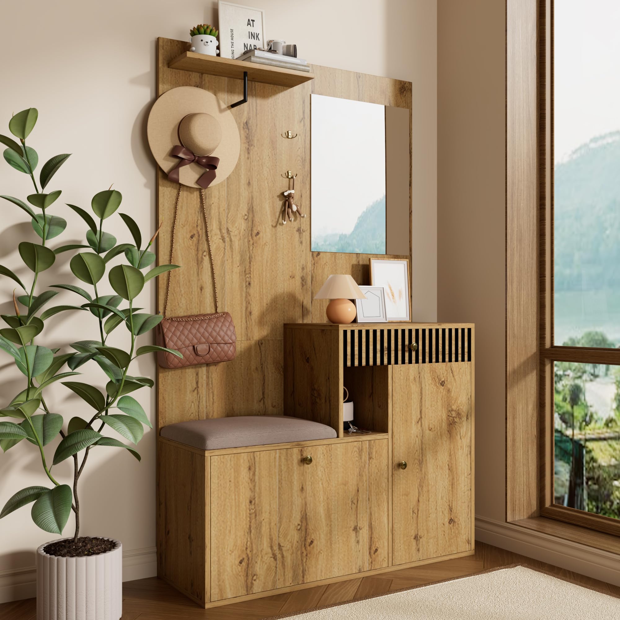 Set de perchero, perchero compacto, perchero de entrada con espejo y cojín acolchado, armario de entrada, mueble de salón, estante, paneles de perchero de entrada y vestíbulo, zapatero, 110 x 185,5 x