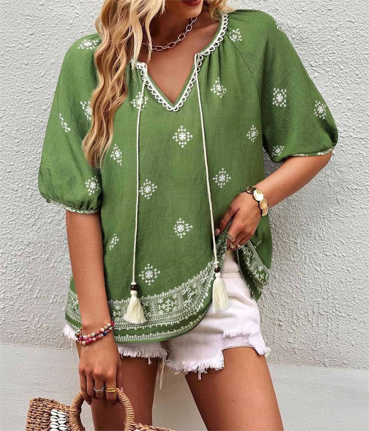Chvity Womens Summer Boho Tops Flowy Floral Print Shirt Tie Front Vacation Clothes Casual V Neck Short Sleeve Blouses - Image 5