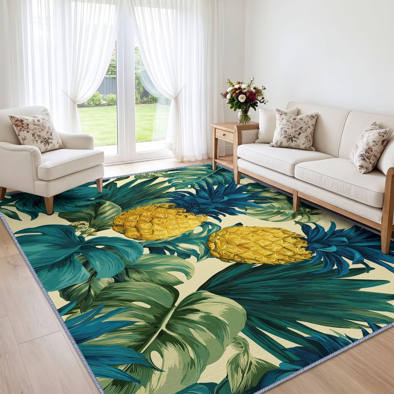 Alfombra lavable botánica tropical, 140 x 200 cm, para salón, frutas, piña, hojas de palma, antideslizante, suave, para dormitorio, comedor, oficina