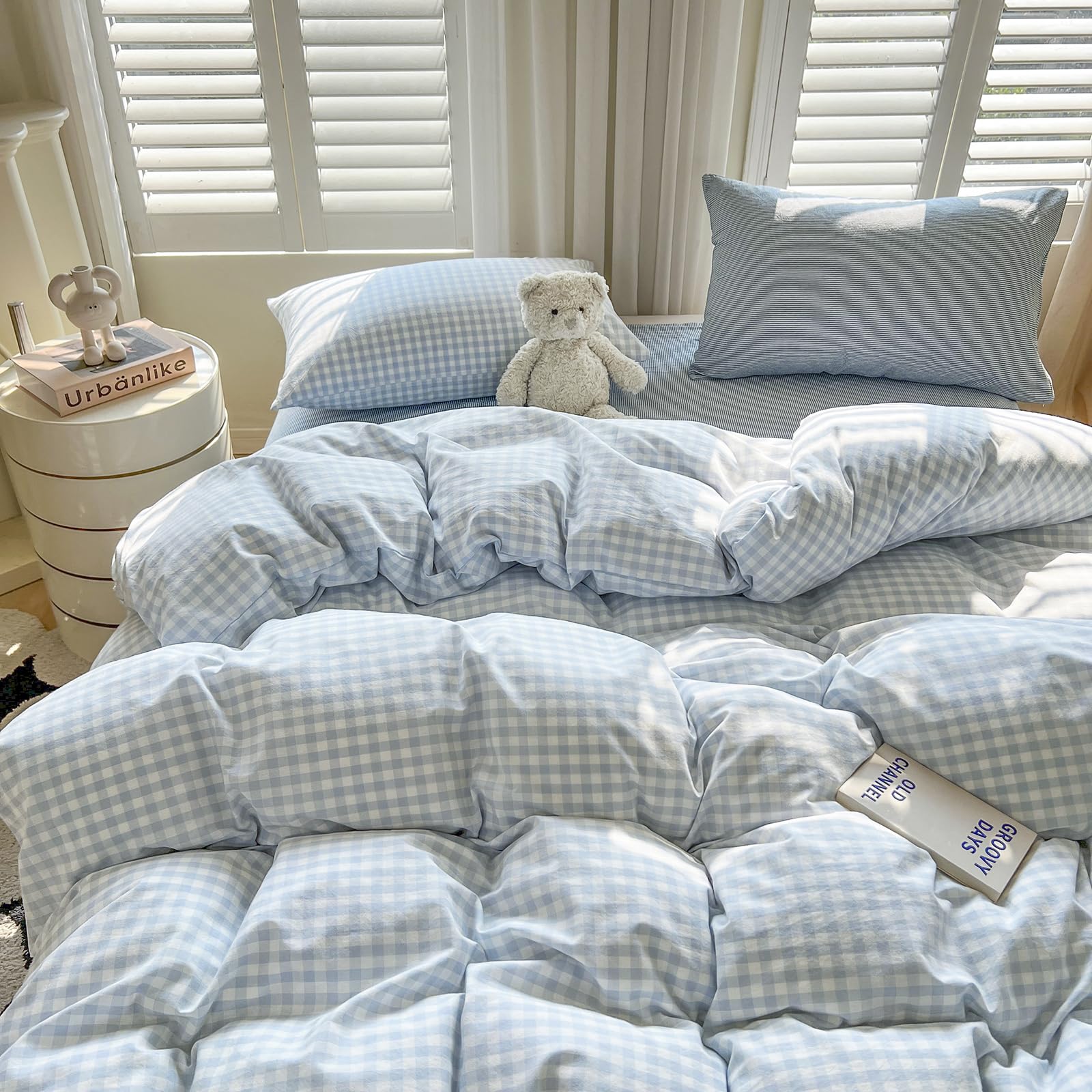 Gingham Duvet Cover Set Washed Cotton,Queen(90"x90"),Blue White Plaid