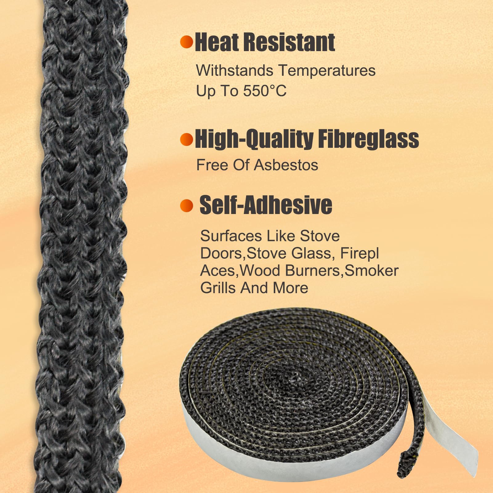 Stove Rope,Stove Sealing Cord Fireproof Fiberglass Rope Seal Heat Resistant Stove Rope 2.5m Longx10mm Wide Fireplace Tape Stove Door Gasket With End Binder For Fireplaces Doors