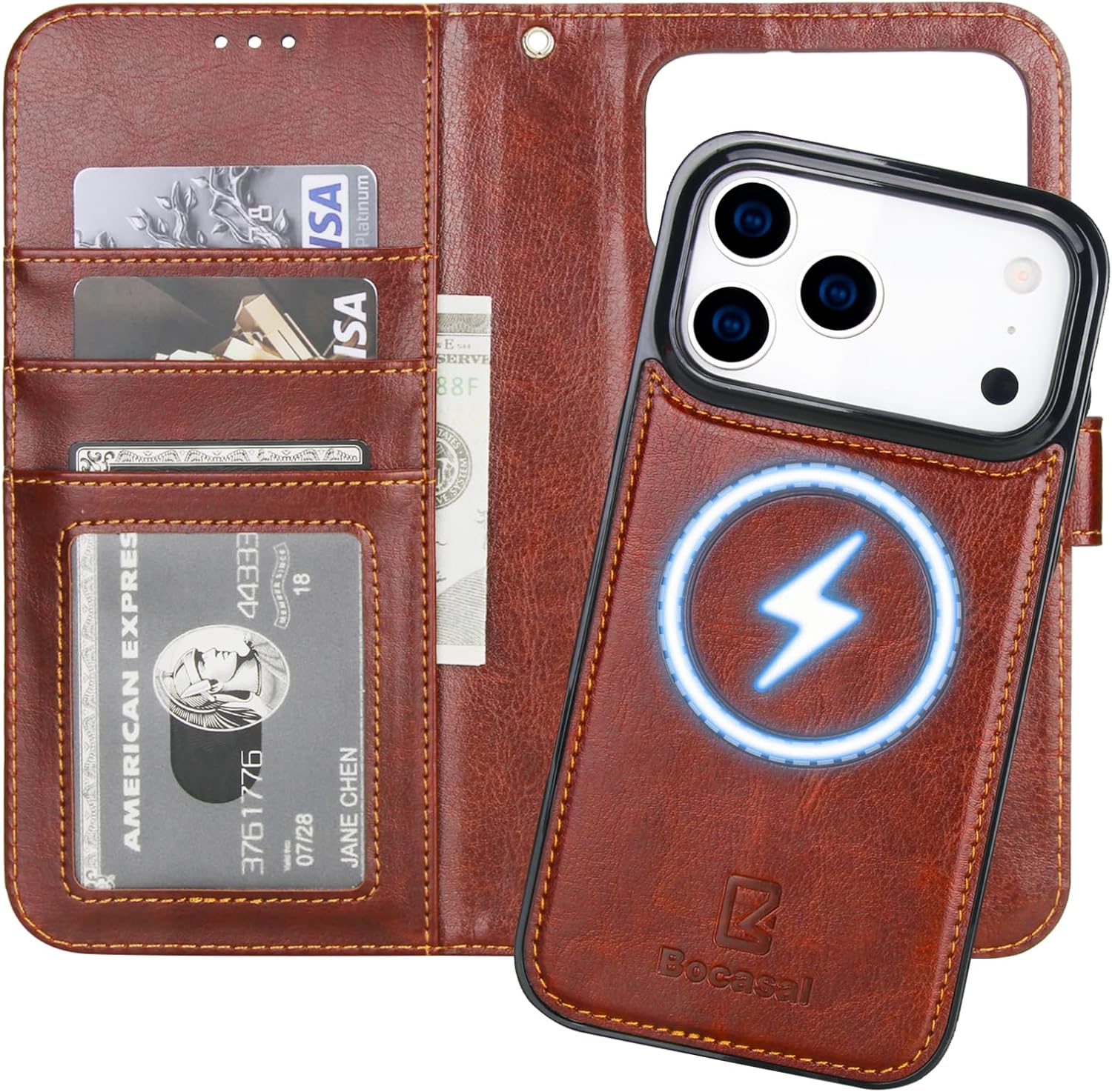 Bocasal for iPhone 17 Pro Max Wallet Case Compatible with MagSafe Wireless Charging, RFID Blocking Magnetic Leather Case with Card Slots Holder Kickstand Detachable Wrist Strap 6.9 Inch (Brown)