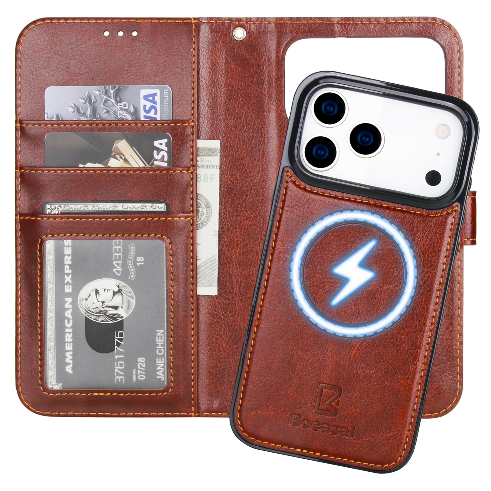 Bocasal for iPhone 17 Pro Max Wallet Case Compatible with MagSafe Wireless Charging, RFID Blocking Magnetic Leather Case with Card Slots Holder Kickstand Detachable Wrist Strap 6.9 Inch (Brown)
