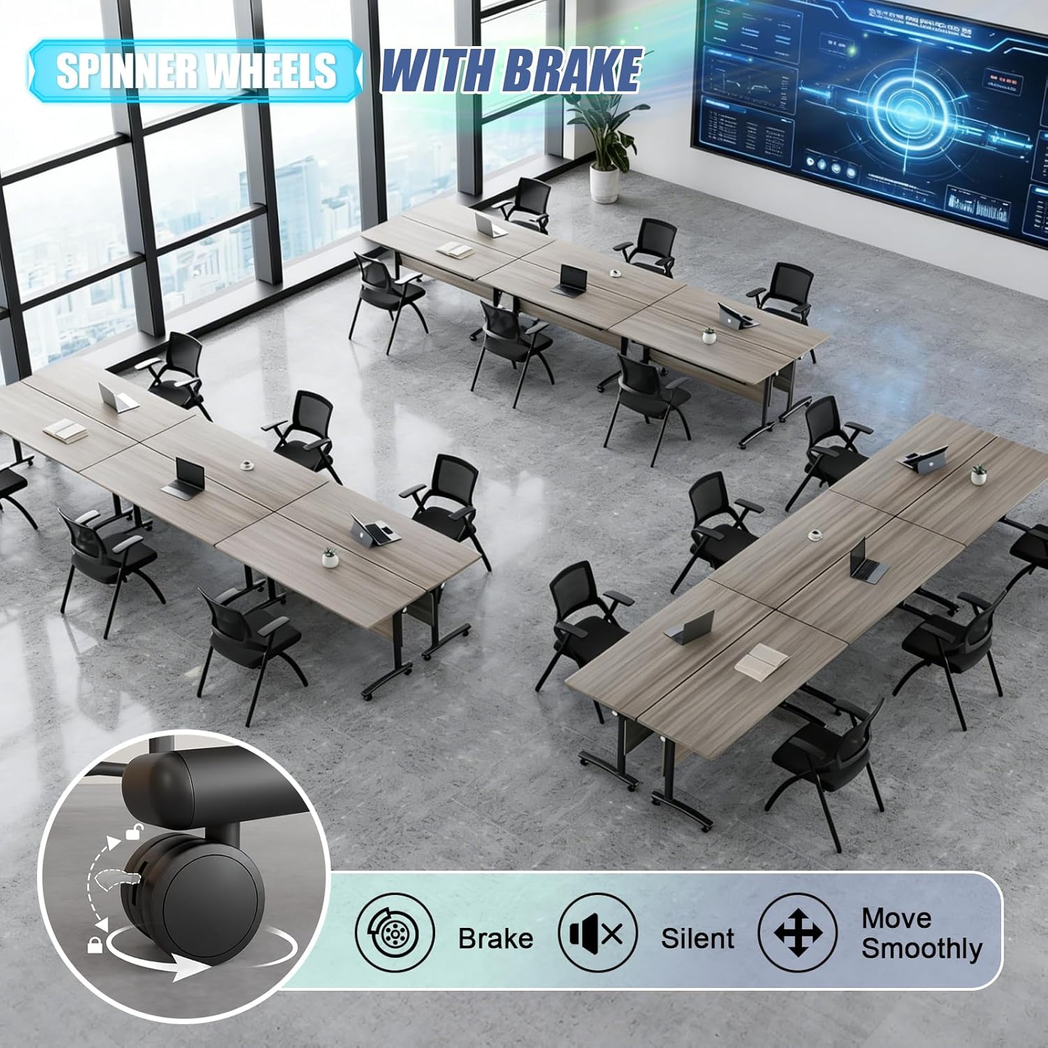 Modular Folding Conference Table with Wheels,Rolling Foldable Conference Room Tables with Cable Grommets Mobile Flip-Top Training Tables for Office Meeting Classroom (2, Light Gray, 71in)