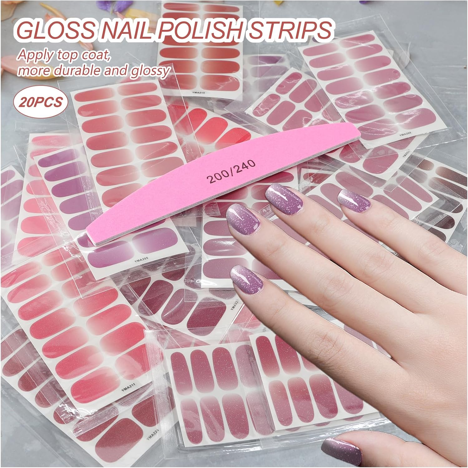 Nail Polish Strips (24 Sheets, Gradient Glitter), Nail Polish Stickers Full Nail Wraps Self Adhesive Nail Stickers Gel Strips Fingernail Sticker Nails for Women with File