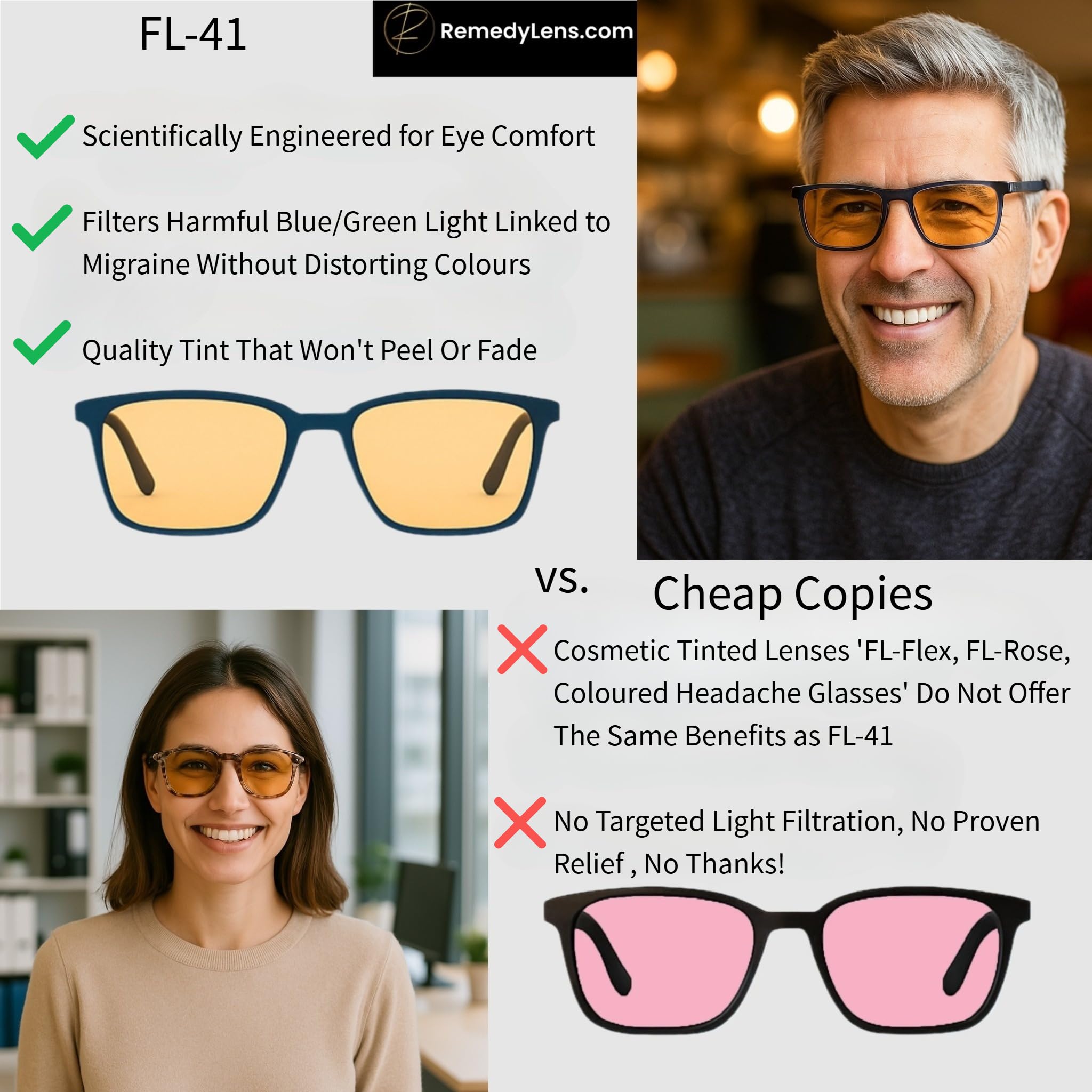 Wyatt FL-41 - Gafas de lujo de metal dorado y acetato para migraña y sensibilidad a la luz