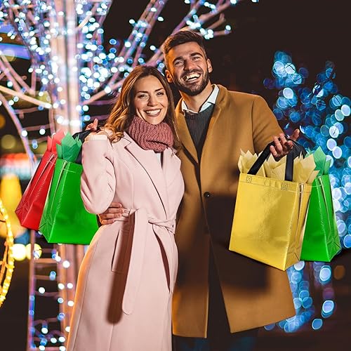 Miniatura 6 de Whaline 12 bolsas de regalo de Navidad no tejidas con 36 piezas de papel de seda rojo, verde y dorado, bolsas de regalo reutilizables, bolsas de