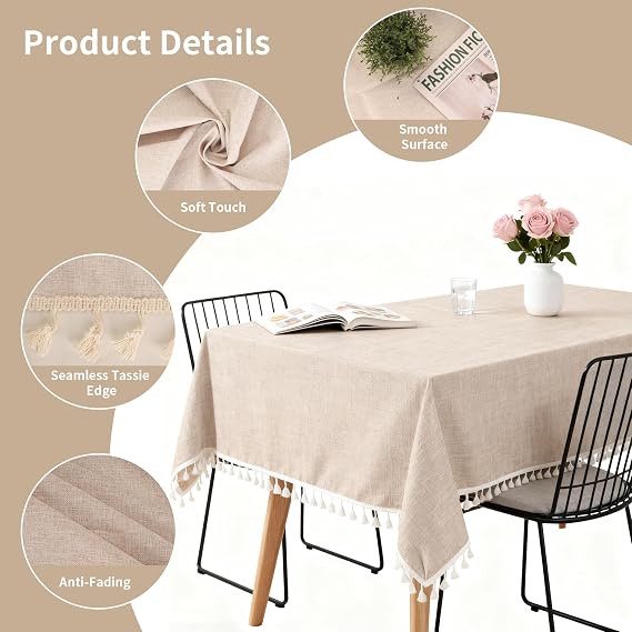 Tablecloth for Rectangle Table, Cotton Linen Tassel Tablecloth Beige