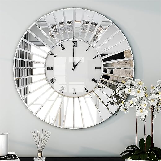 SHYFOY Mirrored Wall Clocks, 24 Decorative Large Clock for Wall Decor, Oversize Glass Wall Clock for Living Room, Big Silver Clock Modern Luxury Home Decor