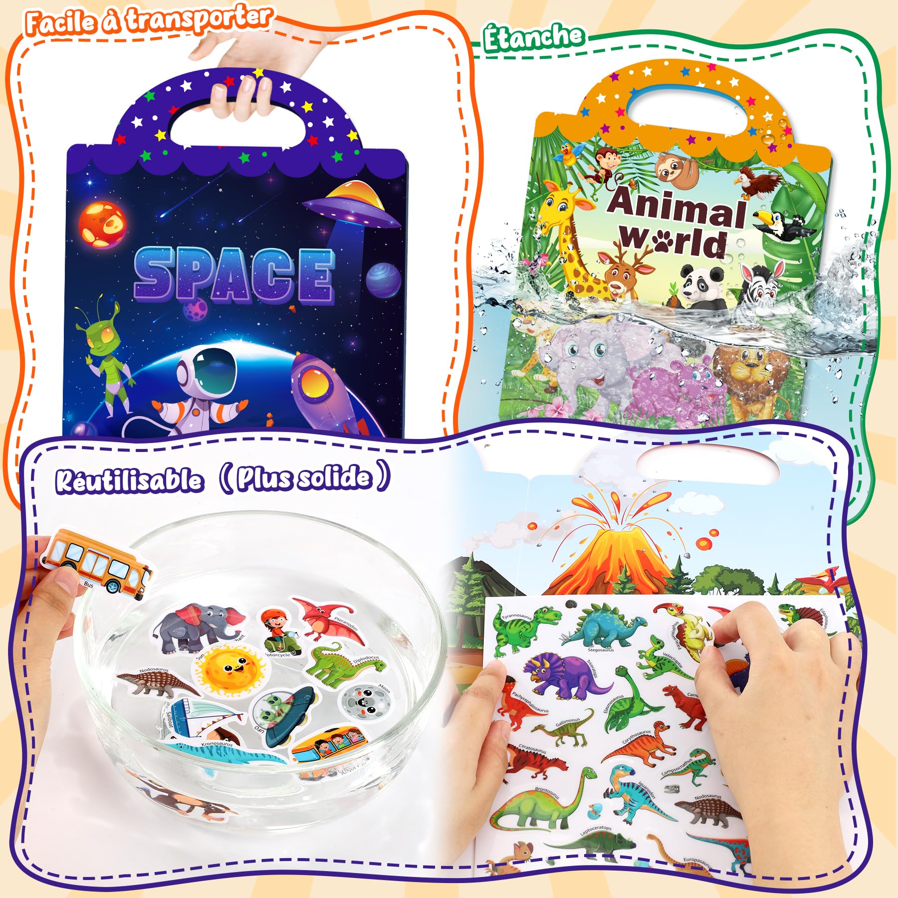Ophy Gommettes Enfants 2 Ans - Autocollant Enfant 4 Pcs Stickers Réutilisables Véhicules Animaux l'espace Dinosaures 3D Livre Autocollant Jeux Educatif Enfant 2 3 4 5 6 Ans Jouet Sensoriel Cadeaux