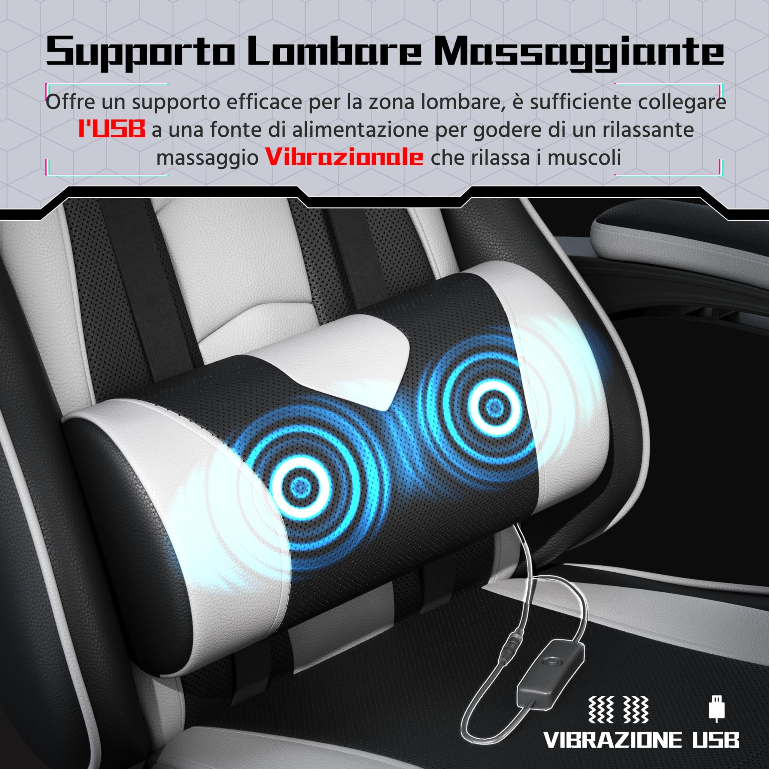 Sedia Gaming Ergonomica Massaggiante Reclinabile 90-135° con Poggiapiedi Poggiatesta e Supporto Lombare Braccioli Imbottiti in Finta Pelle, Poltrona Gamer con Ruote Portata 150 kg Bianco