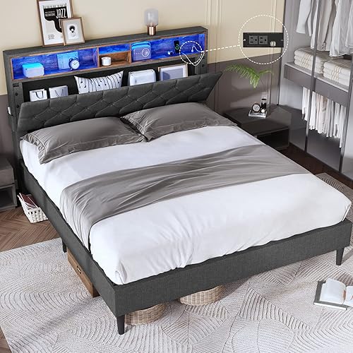 Tiptiper Fabric Upholstered LED Bed Frame with Headboard, Hidden Storage, Diamond Button Tufted Platform Bed with Outlets and USB Ports, No Box Spring Needed, Full Size, Dark Grey