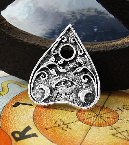 Miniatura 5 de Ouija Planchette Pendant Crescent Moons Floral Vines Evil Eye Spirit Trance Talking Board 100% Handmade Fine Silver