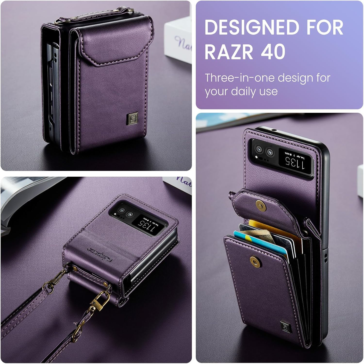 ASAPDOS Crossbody Case Compatible with Motorola Razr 2023,Retro PU Leather Strap Wristlet Flip Case with Magnetic Closure and Card Holder for Men Women Purple