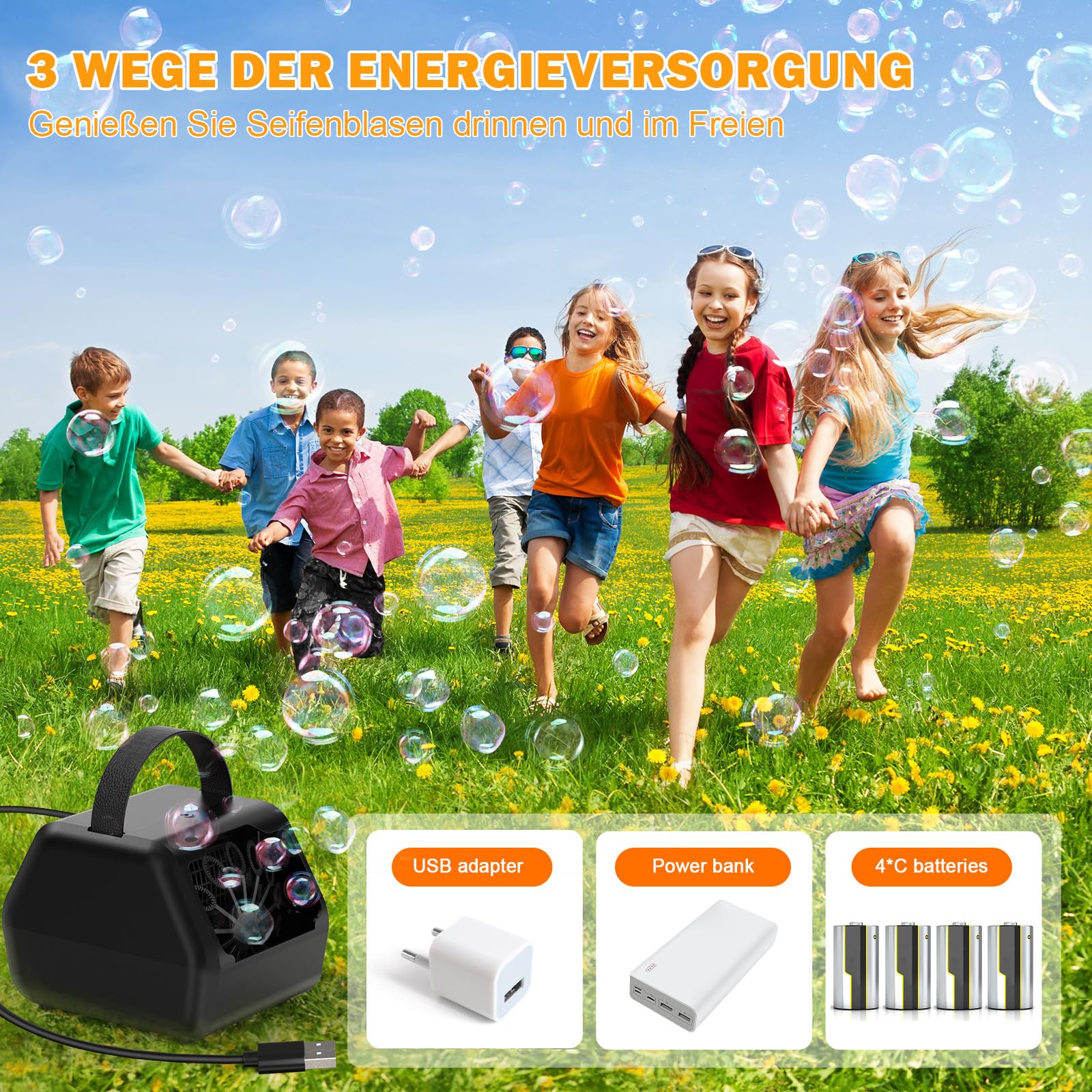 Macchina per Bolle, HassoKon Bubble Maker Toy 8000+ bolle/min, giocattolo elettrico a bolle sapone per bambini, raduni, compleanno, scena di matrimonio, 2 velocità, alimentato da USB/batterie (NERO)