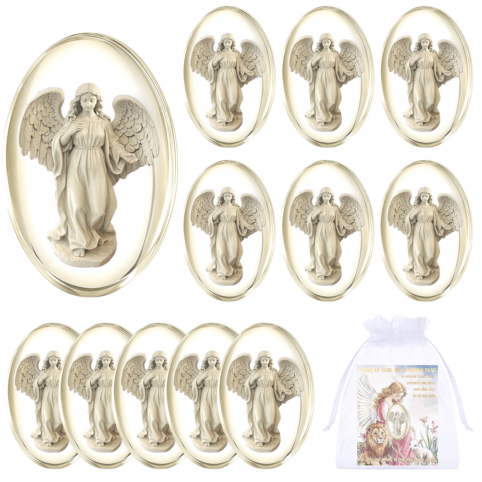 Wesiti 12 Set Guardian Angel Worry Stone for Women and Girls 1.2 inch Pocket Angel with Cards Organza Bags Worry Stones for Anxiety