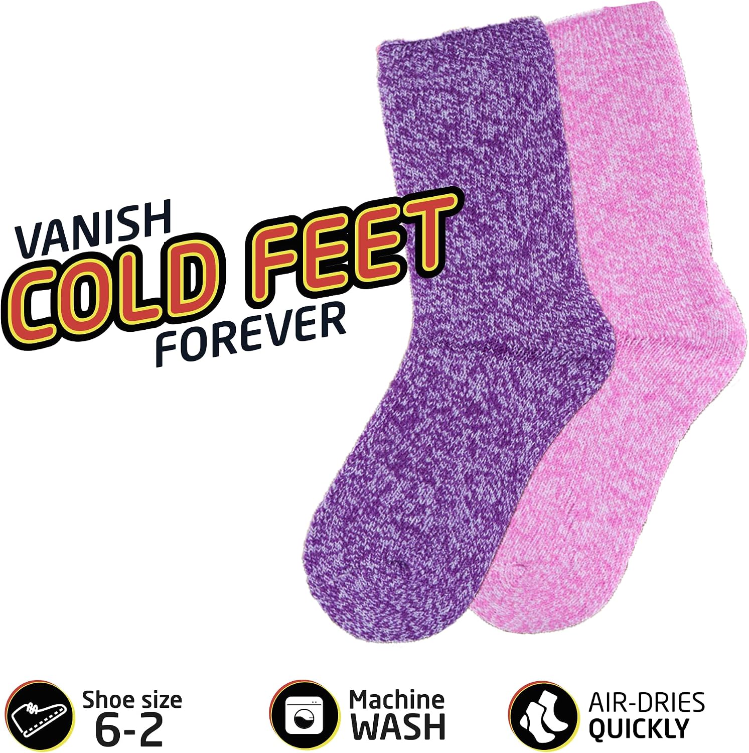 HOT FEET Kids Thermal Socks - Warm Winter Insulated Socks for Boys & Girls, Cozy & Thick Heated 2 Pack, Shoe Size 2-6
