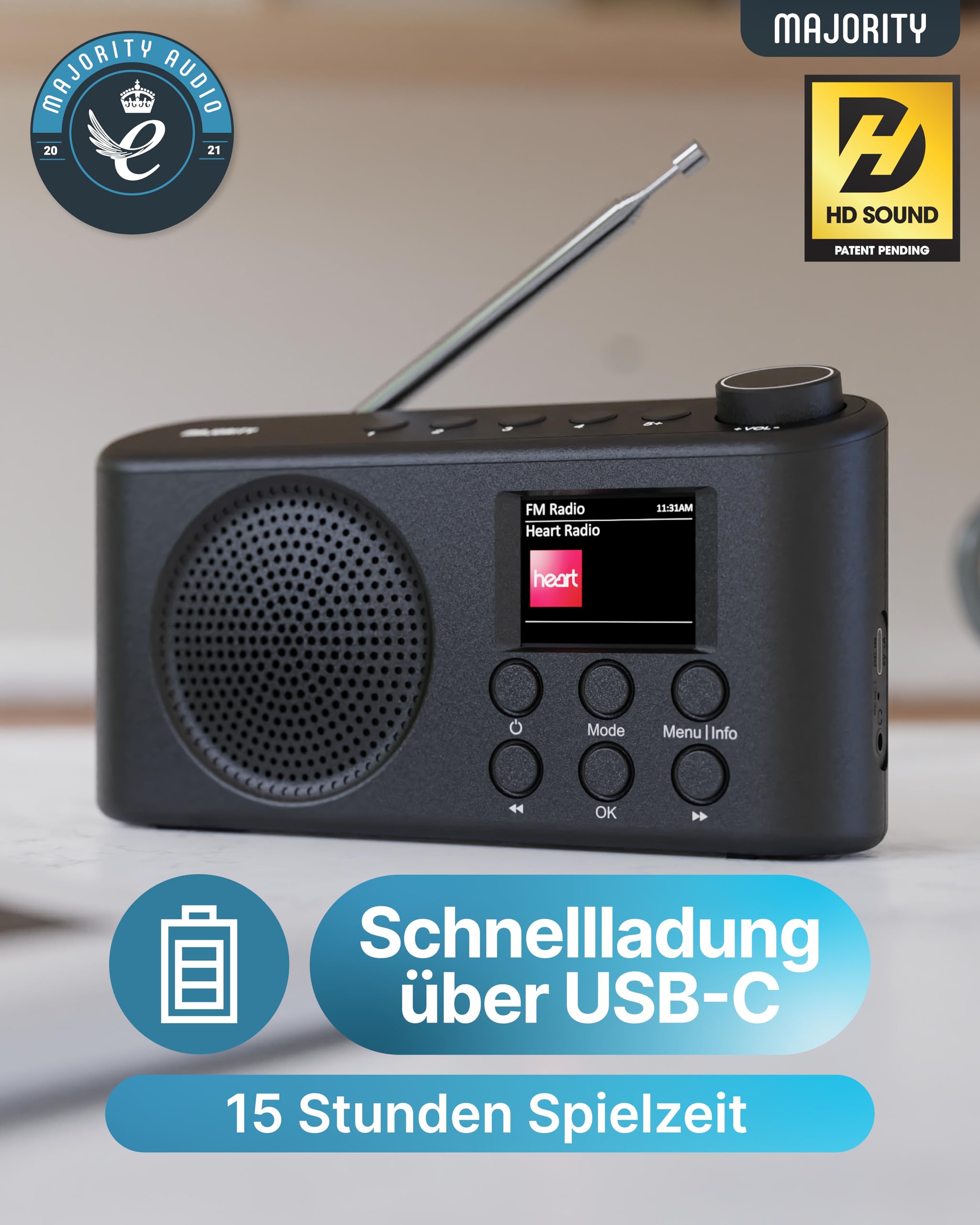 MAJORITY Orwell Pro DAB Plus Radio | Küchenradio DAB+ & UKW | Mini Radio mit Bluetooth 5.2 | Kofferradio Akku mit 15 Stunden Akkulaufzeit | Digitalradio mit 40 Voreinstellungen für Küche und Büro
