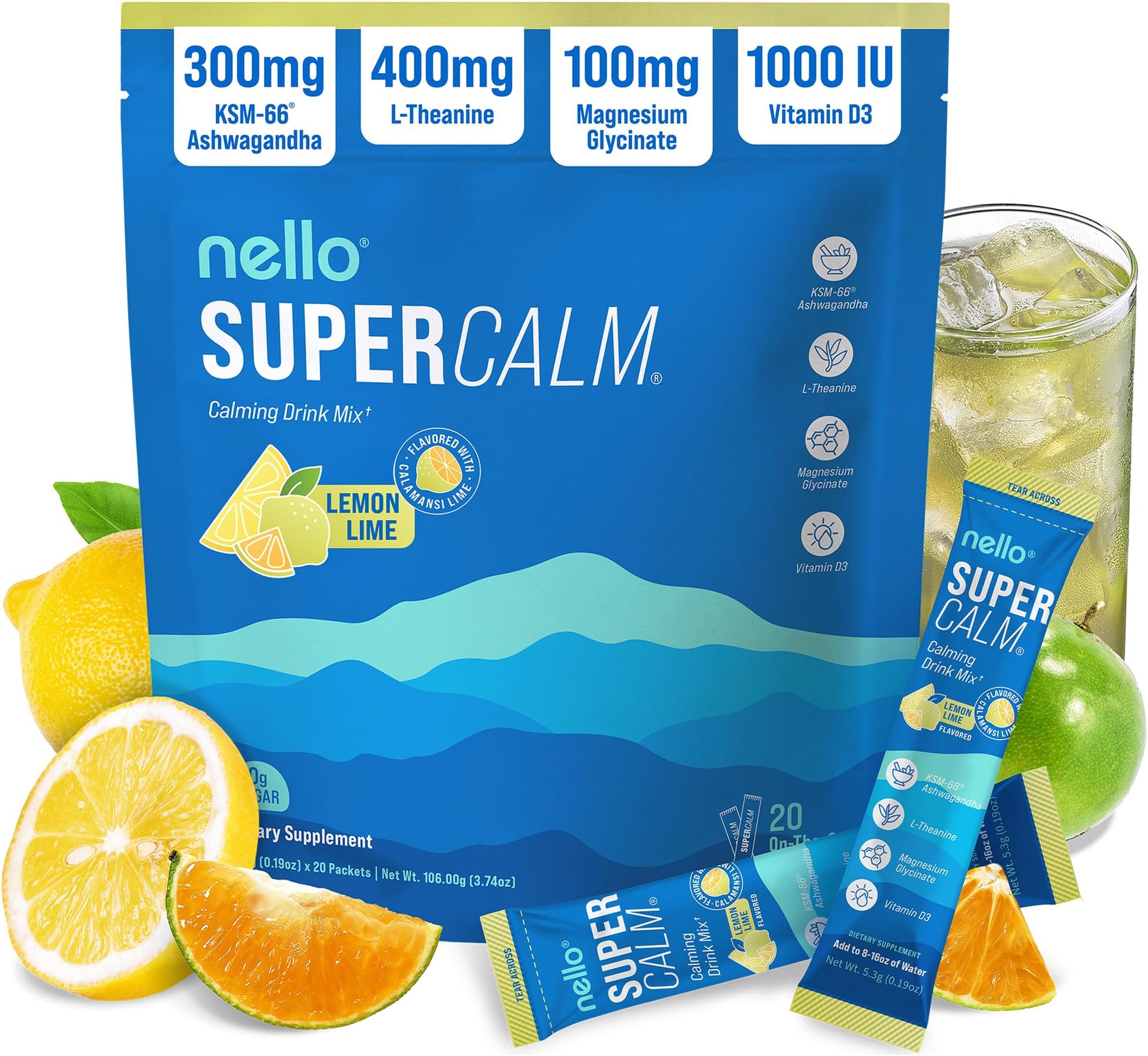 Nello Supercalm Powdered Drink Mix, Cortisol Reducer* and Sleep Aid Supplement, L Theanine, Ksm-66 Ashwagandha, Magnesium Glycinate, Vitamin D 3, No Sugar, Non GMO, On The Go, 20 Ct, Lemon Lime