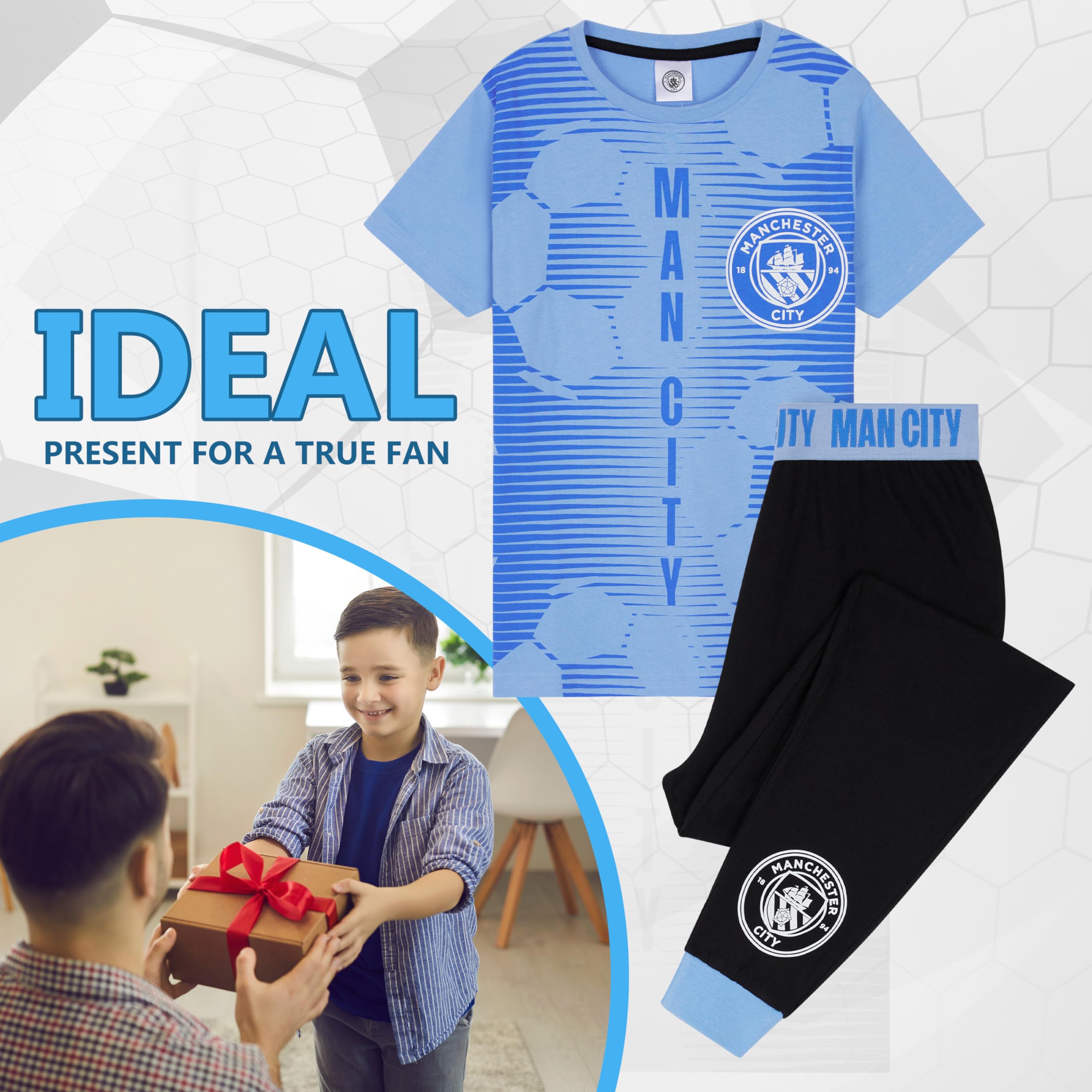 MANCHESTER CITY FC Pyjama Garçon - Confortable Vêtement de Nuit - Cadeau Enfant (Bleu/Noir, 9-10 Ans)