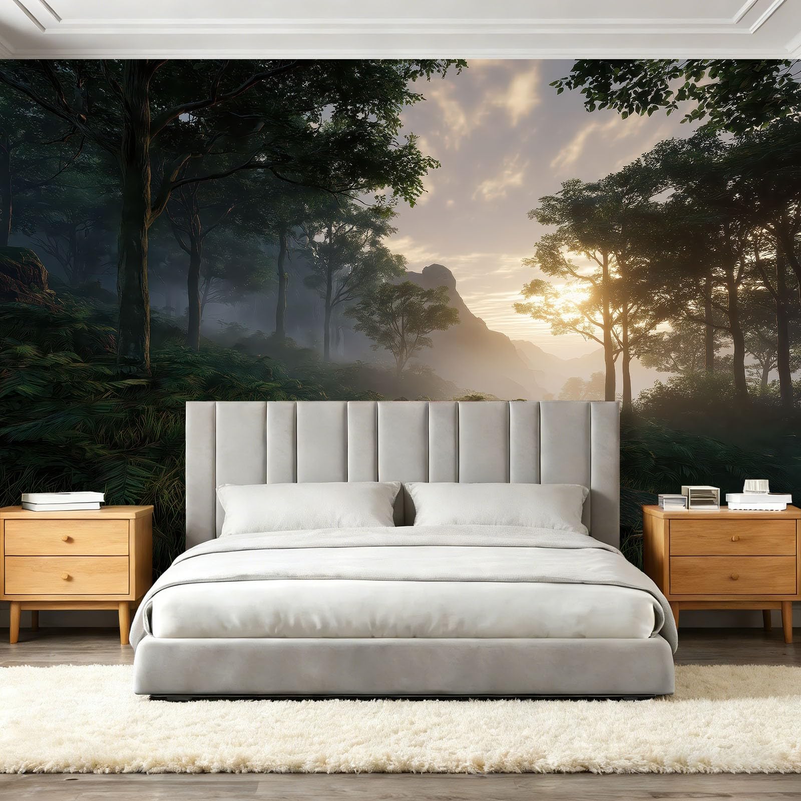 Tapeta mural, las poranna mgiełka górskie lasy dekoracja pokrycie ścienne tapeta naklejka ścienna naturalna fotorealistyczna sztuka do salonu, sypialni, biura, medytacji, szałwia, zielony 350 x 256 cm