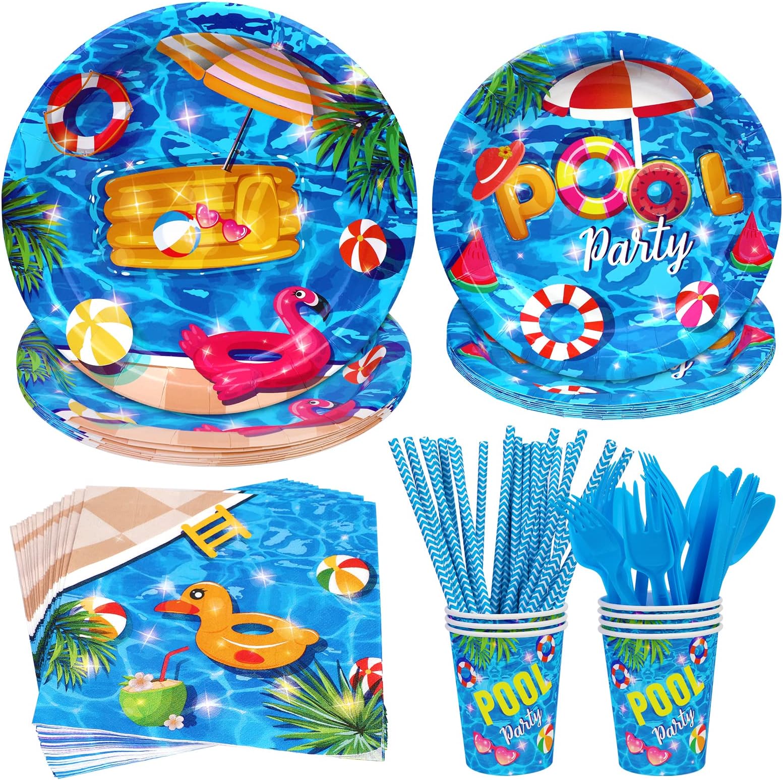 PHOGARY 93 PCS Summer Pool Party Supplies Tableware Set Serves 8, Pool Party Decorations Includes Pool Party Plates, Napkins, Straws, Spoons, Forks, Cups for Hawaiian Beach Birthday Party Decorations