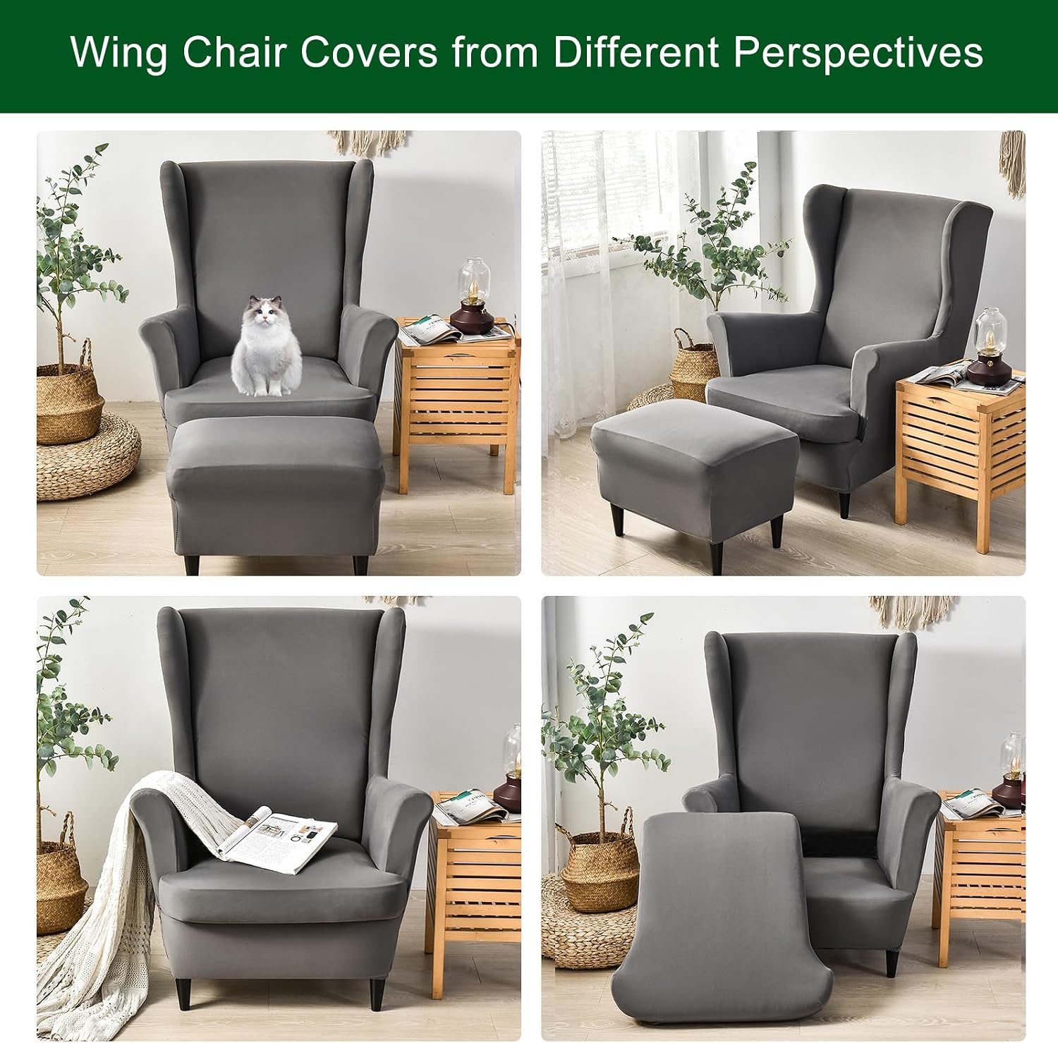 CRFATOP Polyester Wing Chair Covers 2 Piece Stretch Wingback Chair Slipcover Solid Wingback Armchair Covers with Elastic Bottom for Living Room Bedroom Wingback Chair,Dark Grey