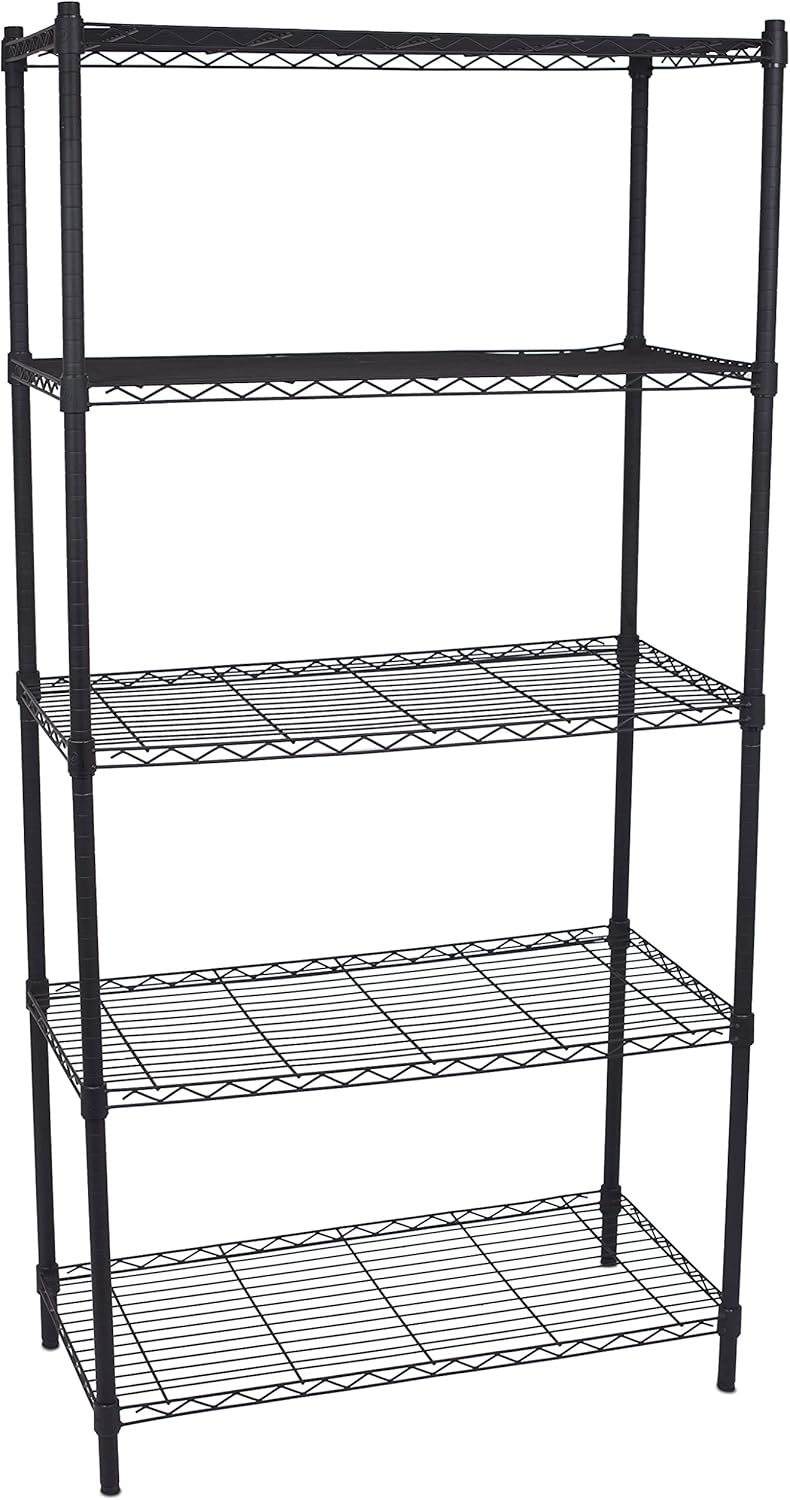 BIRDROCK HOME 5-Tier Wire Shelving, Flat Black, Heavy Duty Shelf, Wide Adjustable Rack Unit, Kitchen Storage